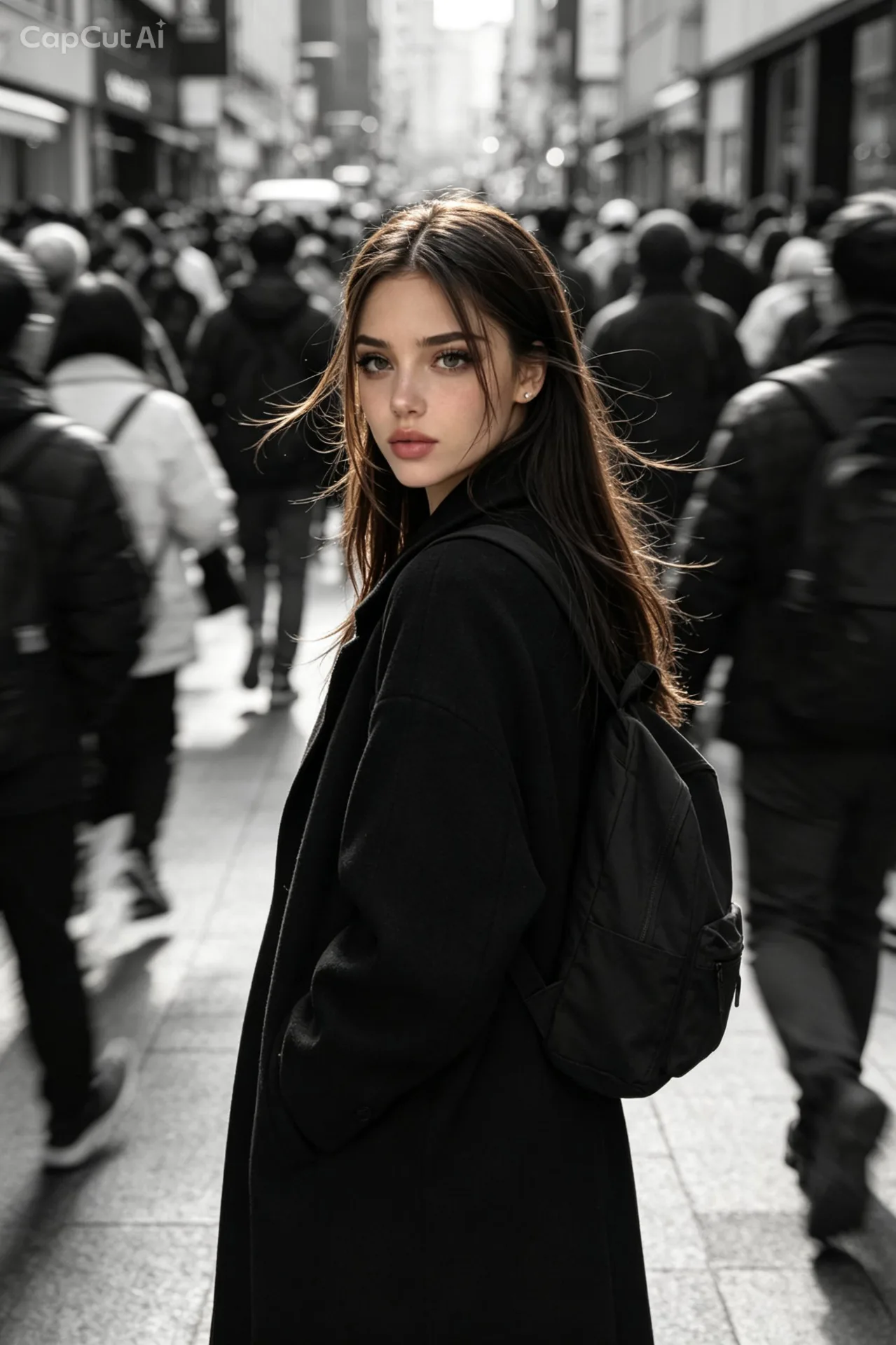 Paparazzi-style extreme close-up photo of a woman with striking facial features, caught off-guard while turning toward the camera.