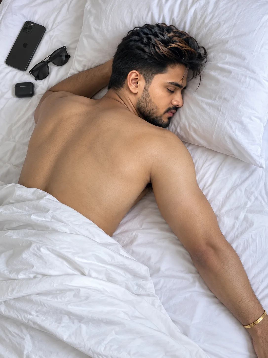 TOP-DOWN, HIGH-QUALITY PHOTOGRAPH CAPTURES A YOUNG SOUTH ASIAN MAN SLEEPING SOUNDLY ON HIS STOMACH ON A WHITE BED SHEET.
