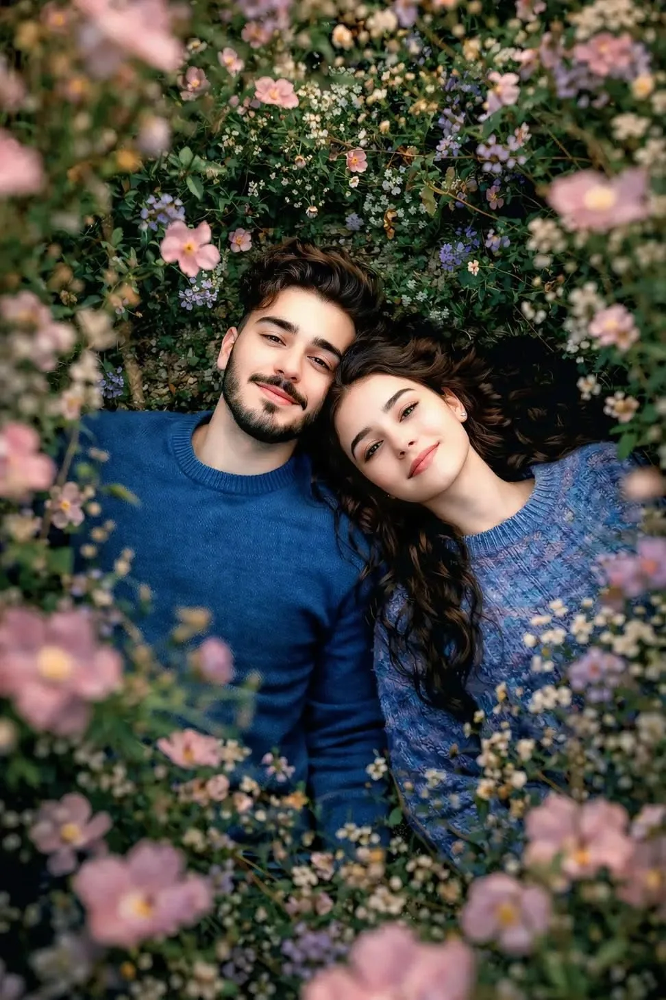 An absolute cinematic masterpiece, hyper-photorealistic and ultra-detailed top-down overhead portrait capturing an intimate, romantic