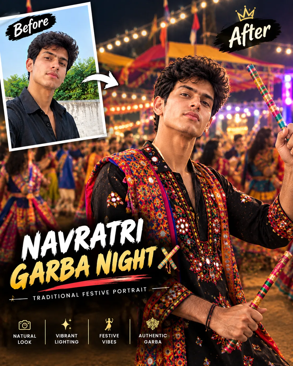 Transform the uploaded photo into a highly realistic candid Navratri Garba night photograph.