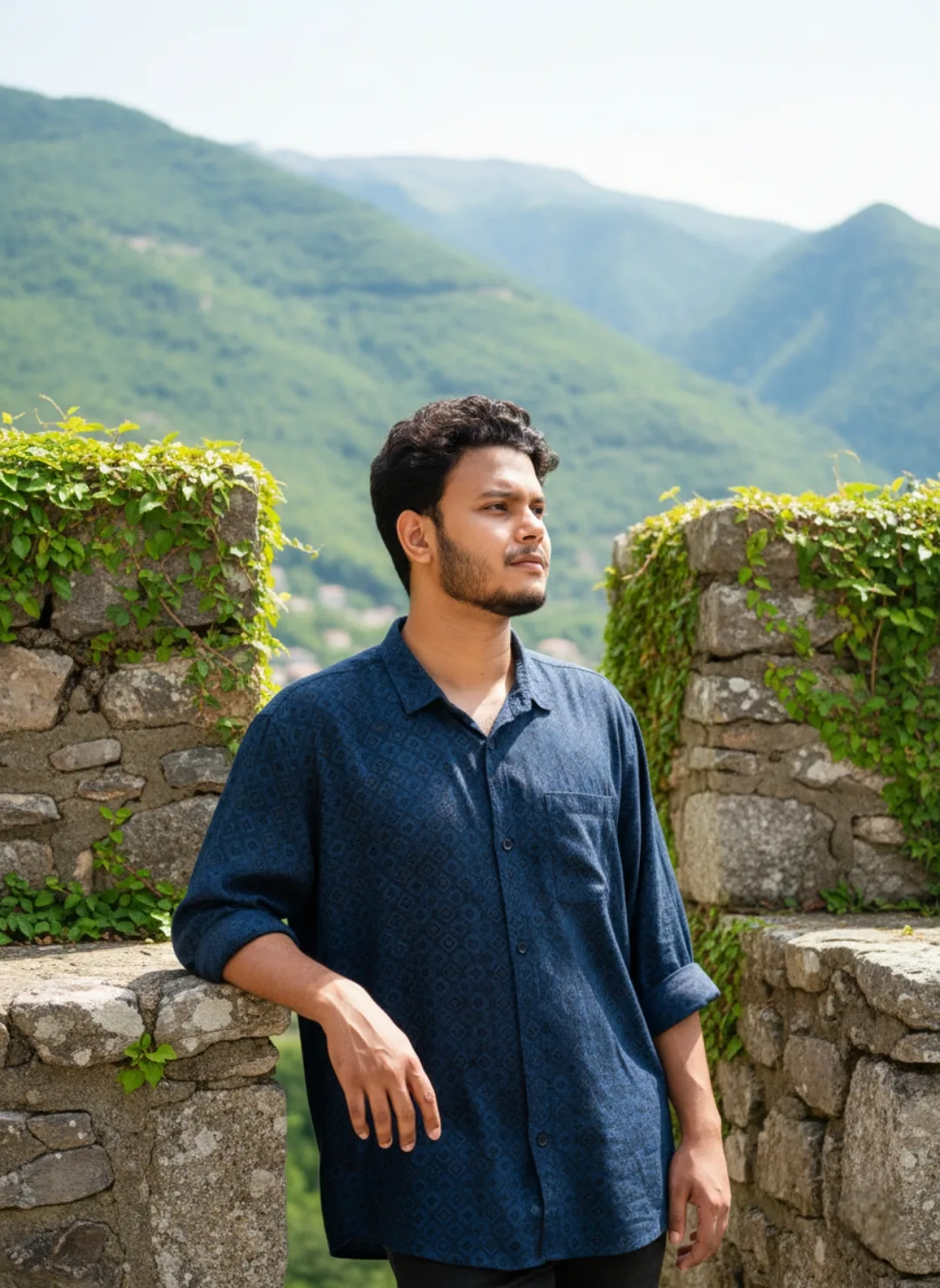A realistic portrait of a young South Asian man in his early 20s with medium-dark skin, short wavy black hair, and a light well-groomed