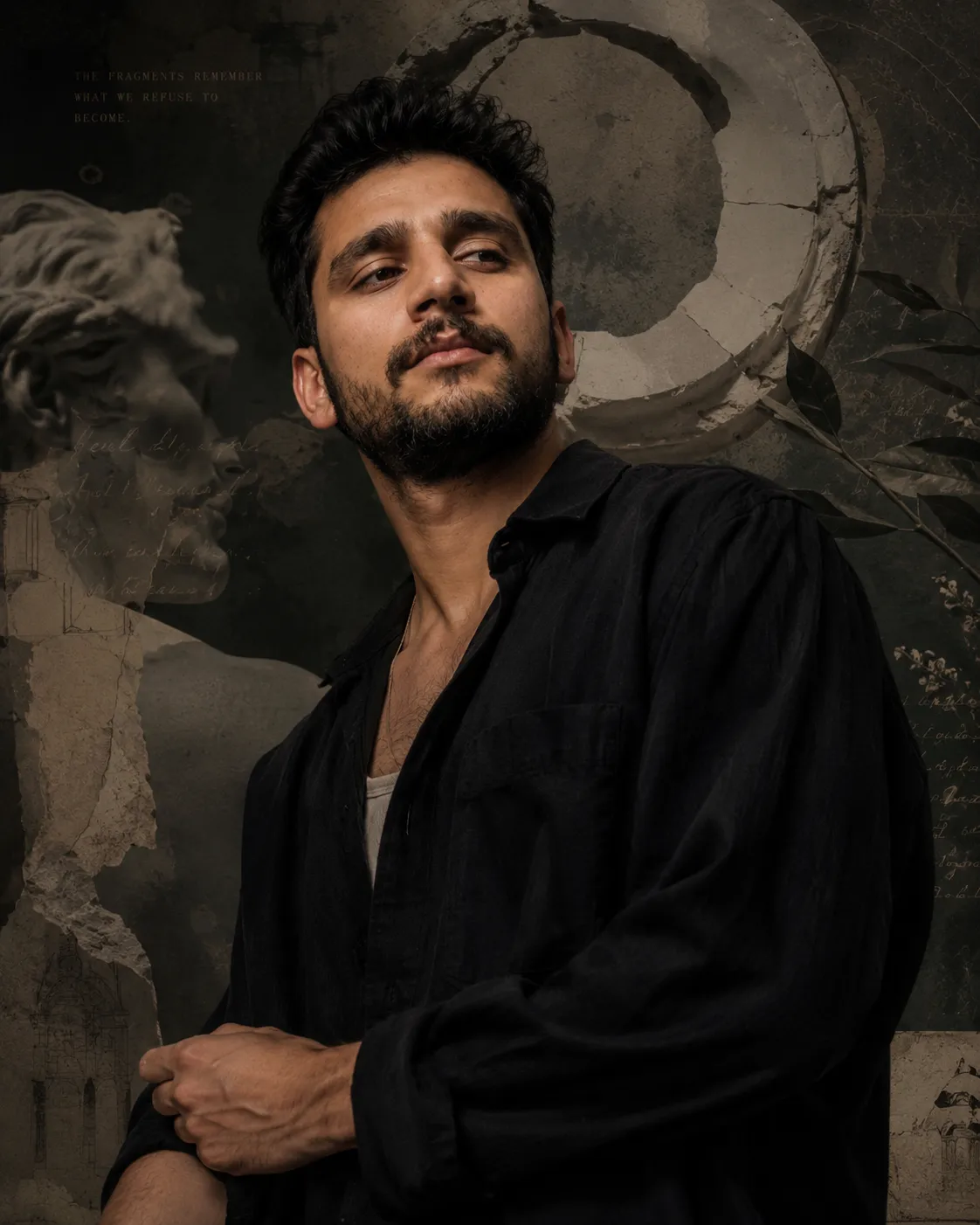 Ultra realistic fashion editorial wallpaper featuring a mysterious handsome young man with naturally messy black way hair, elegant facial