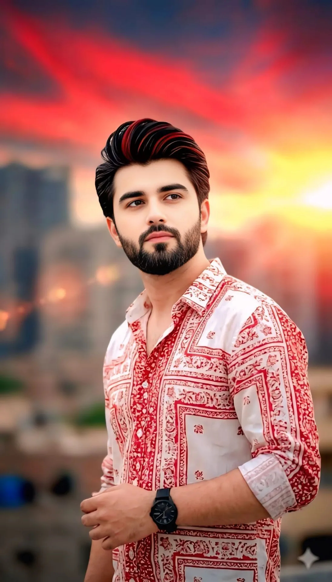 A high-quality, cinematic outdoor portrait of a handsome young man with styled black hair featuring subtle red highlights and a neatly