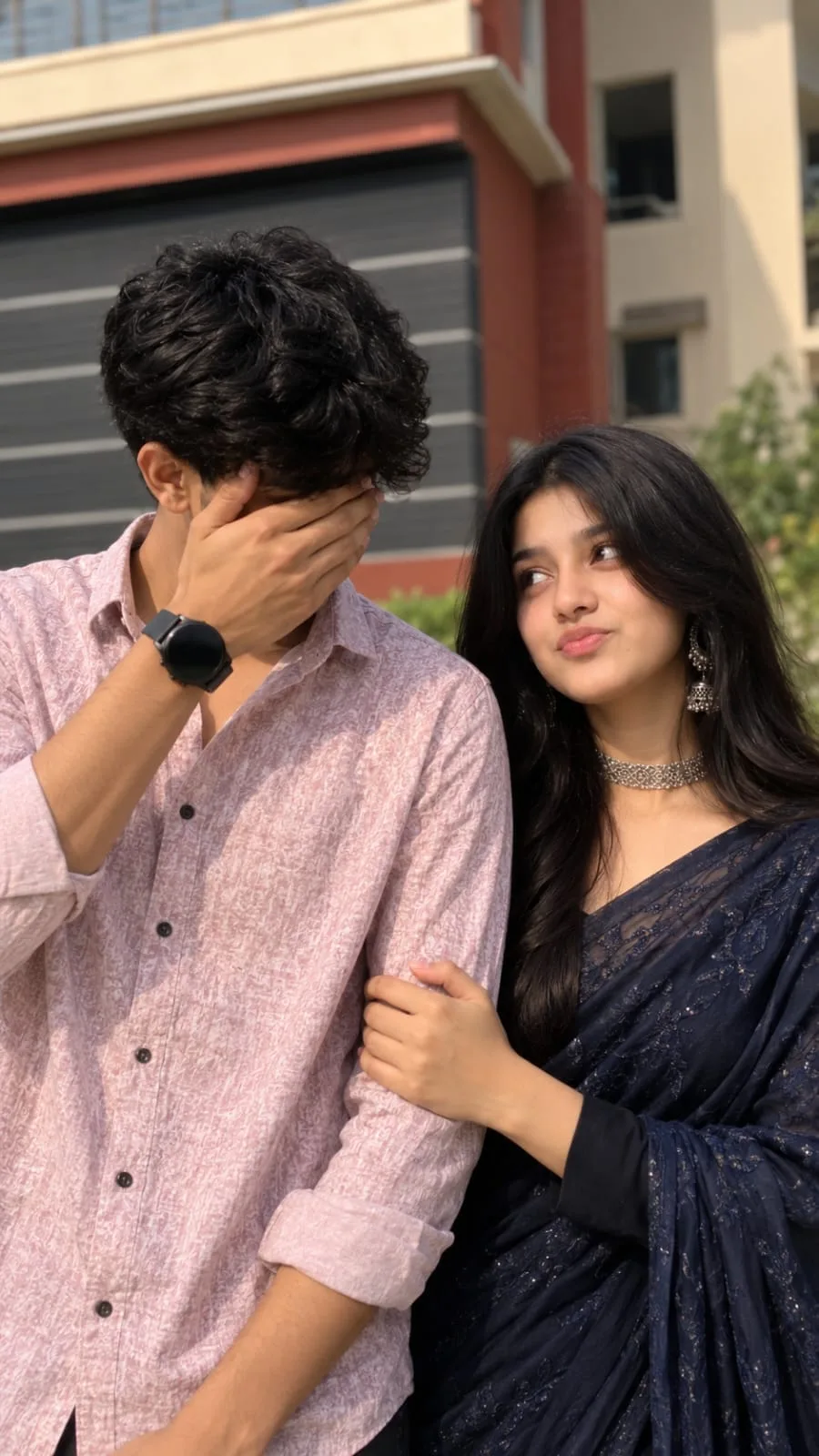 A candid, ultra-realistic vertical 9:16 portrait of a young South Asian couple outdoors during golden hour daylight.