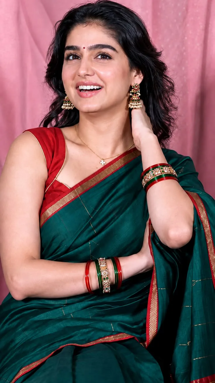 Create a premium Indian jewellery advertisement featuring an elegant woman wearing a rich deep emerald-green saree with a luxurious red and