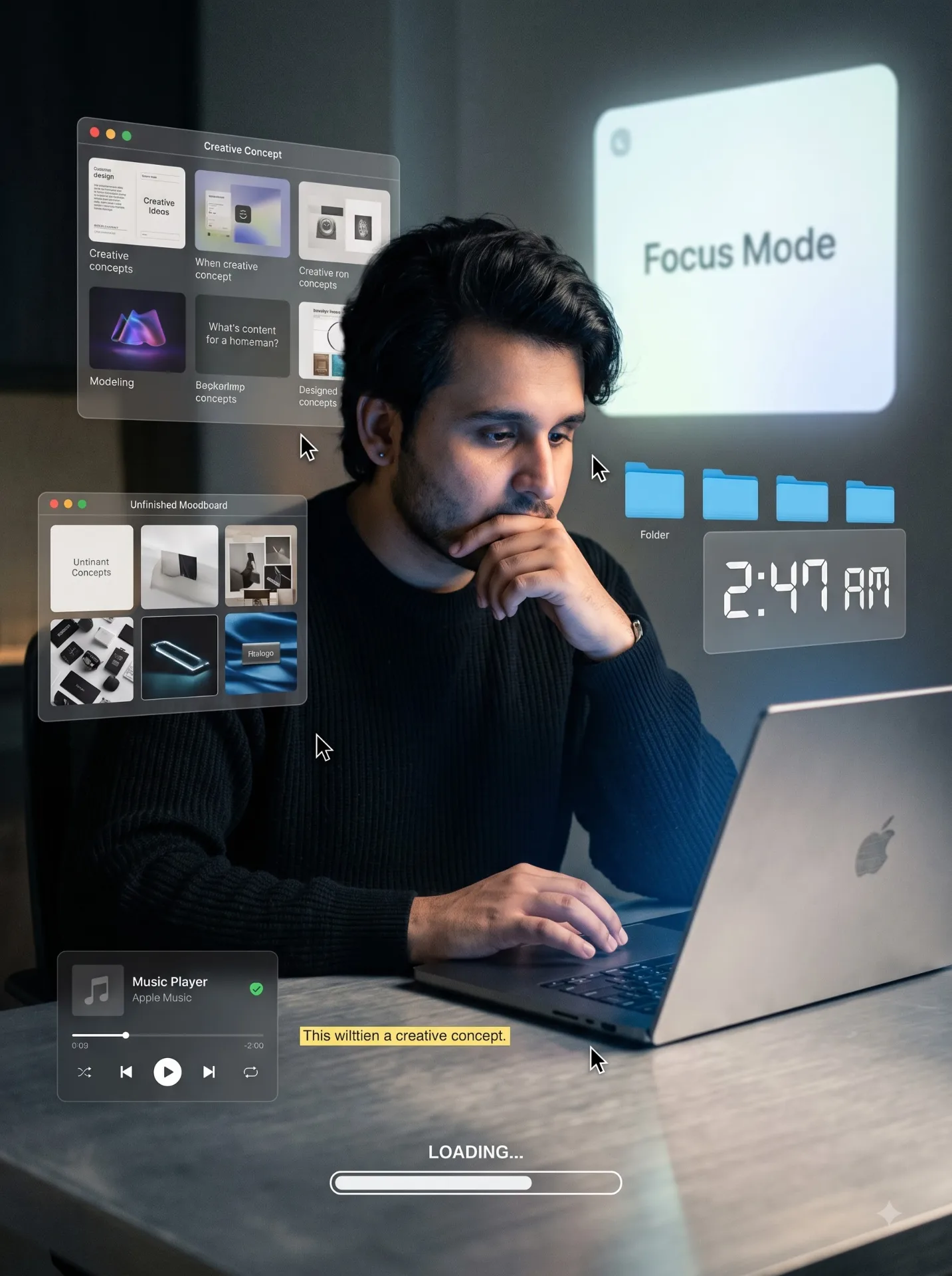 Intimate cinematic medium shot of me working alone late at night at a minimalist brushed-aluminum desk, preserving my facial identity from