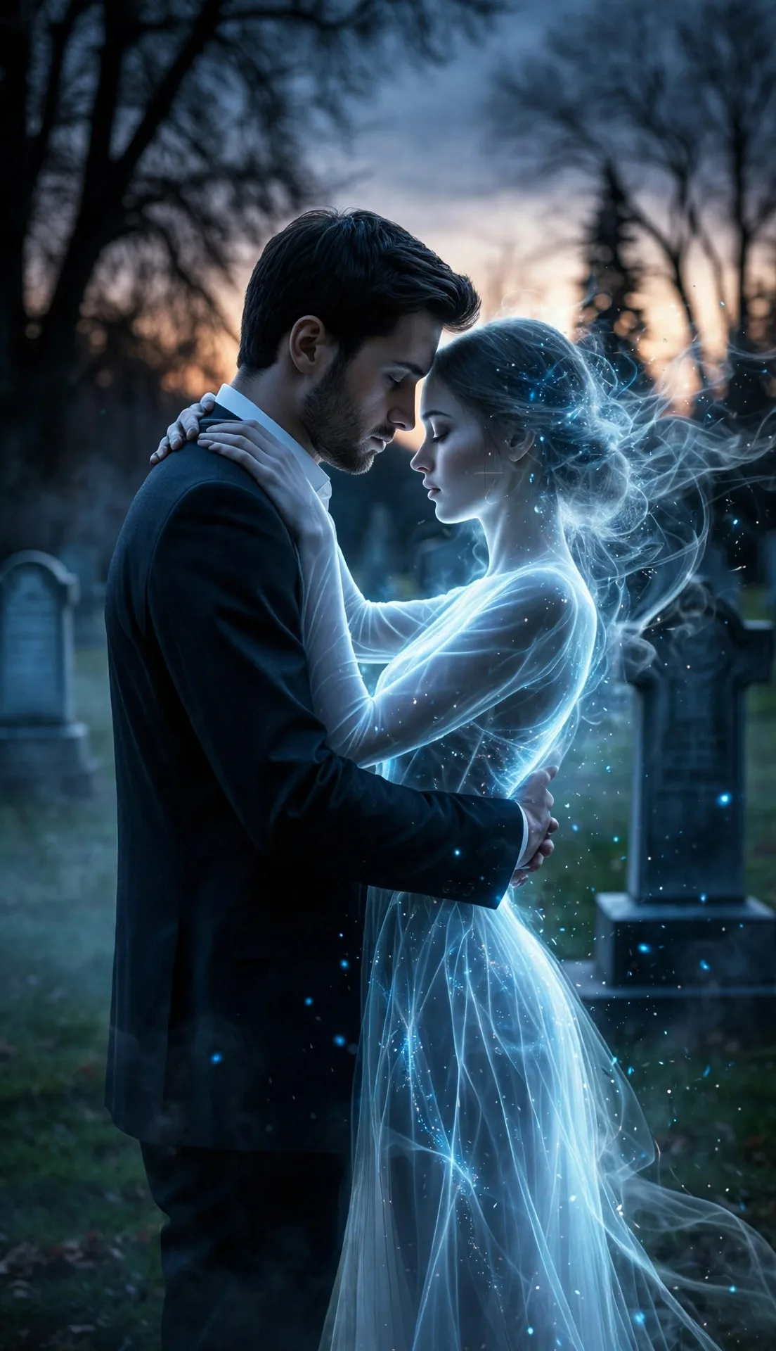 A man in a sharp black suit hugging his ethereal ghost girlfriend, her body made of translucent glowing blue-white light and smoke, wearing