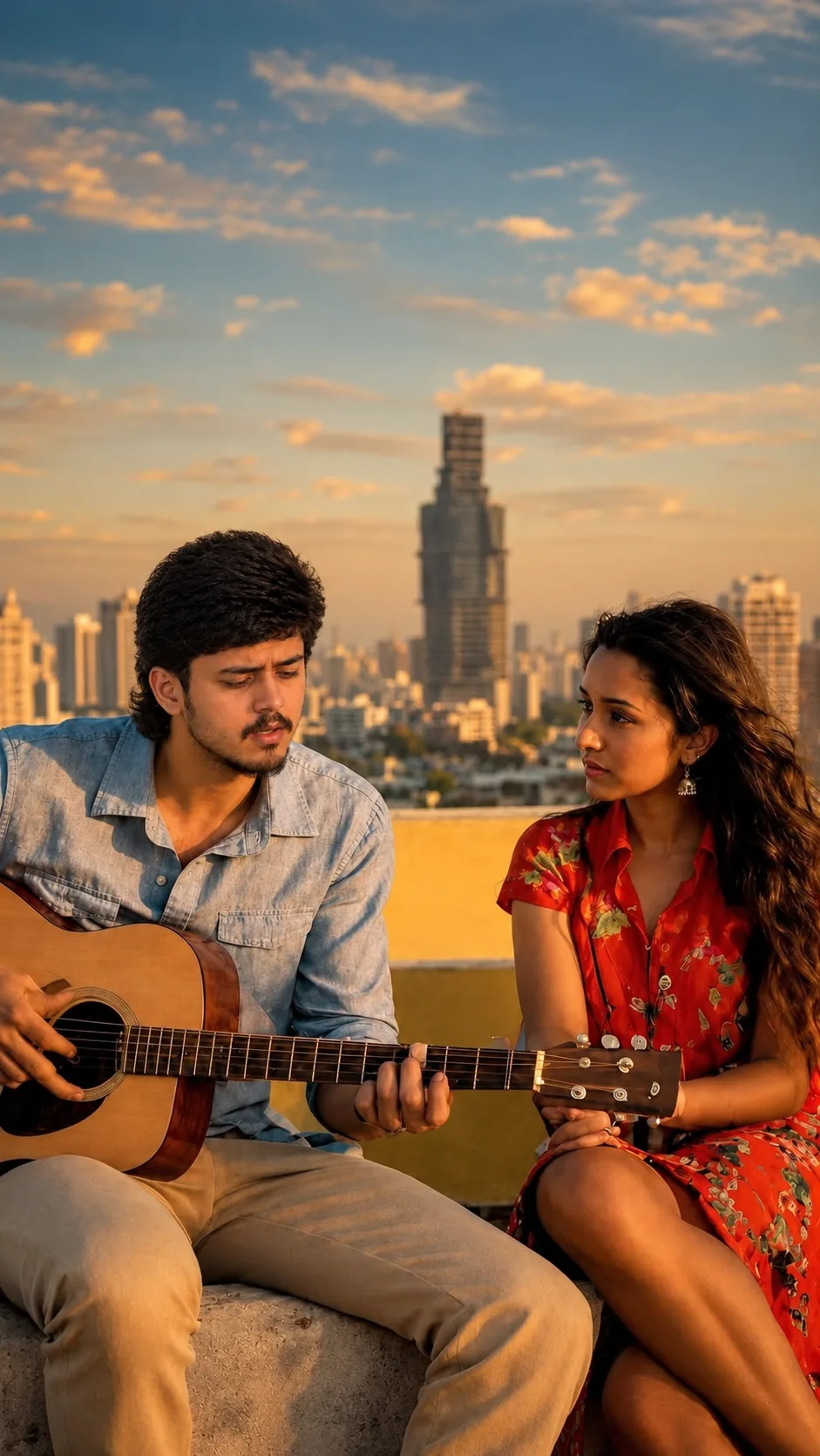 Photorealistic cinematic rooftop portrait of a young Indian couple spending a peaceful evening together at sunset.