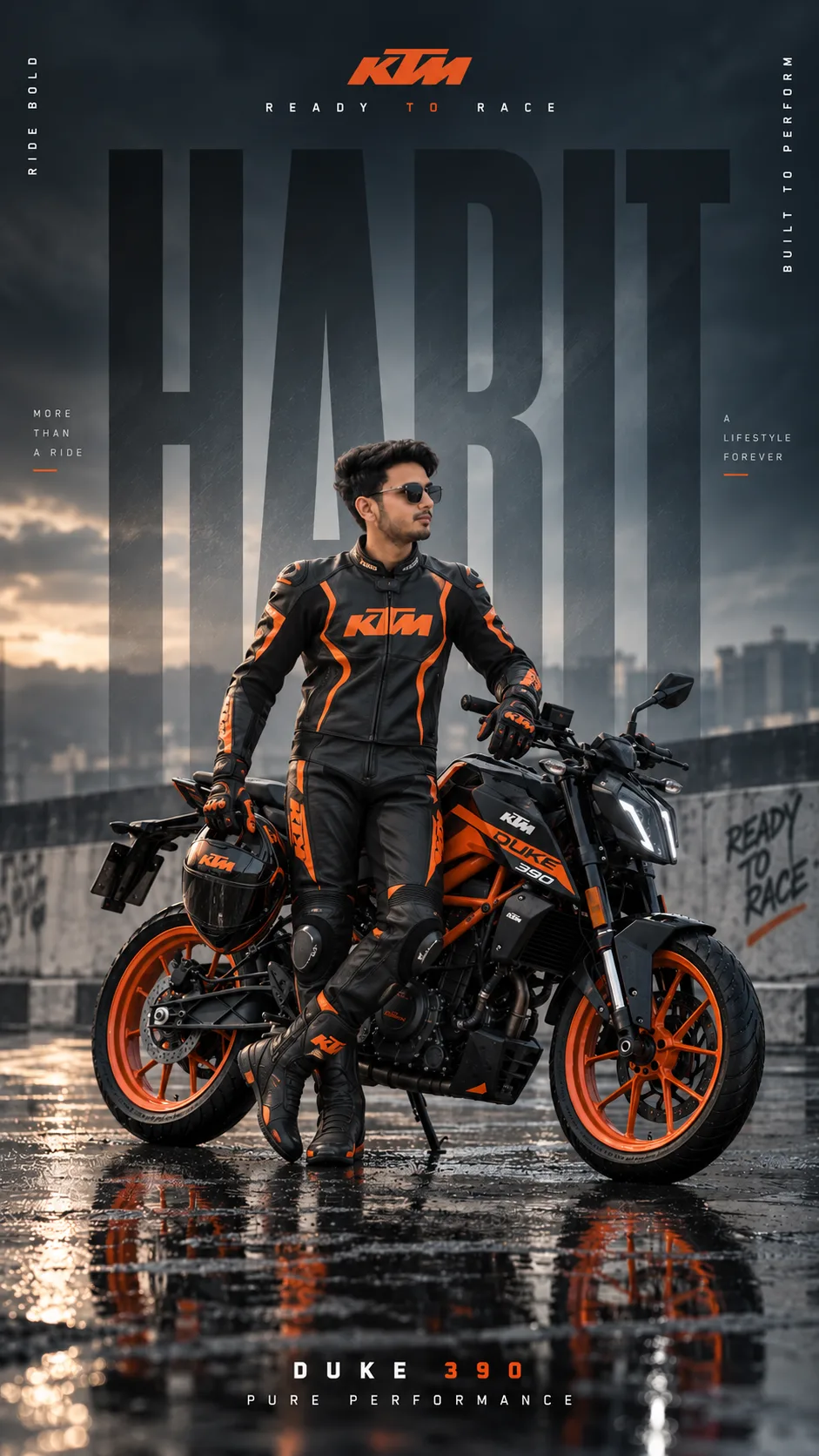 Create a highly realistic, ultra-detailed vertical cinematic motorcycle fashion poster inspired by the uploaded reference image.