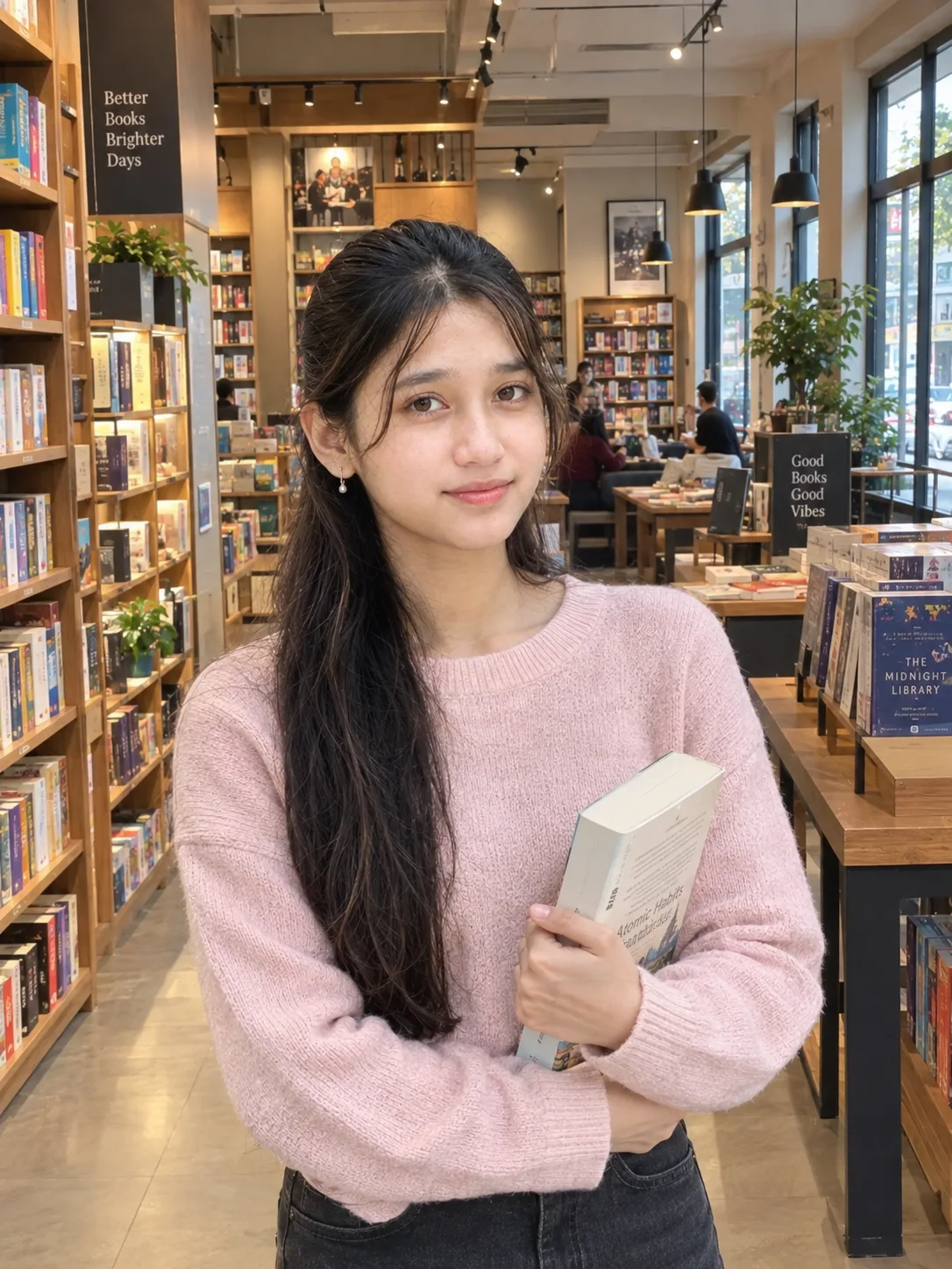 Ultra realistic photograph of a young woman standing inside a bookstore during daytime, shot on a real DSLR camera.