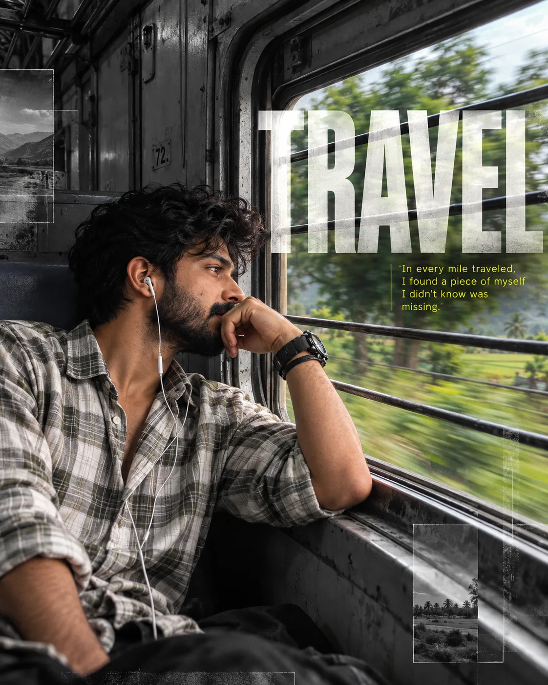 Create a deeply introspective, ultra-realistic cinematic travel editorial portrait of a young South Indian man sitting alone beside the