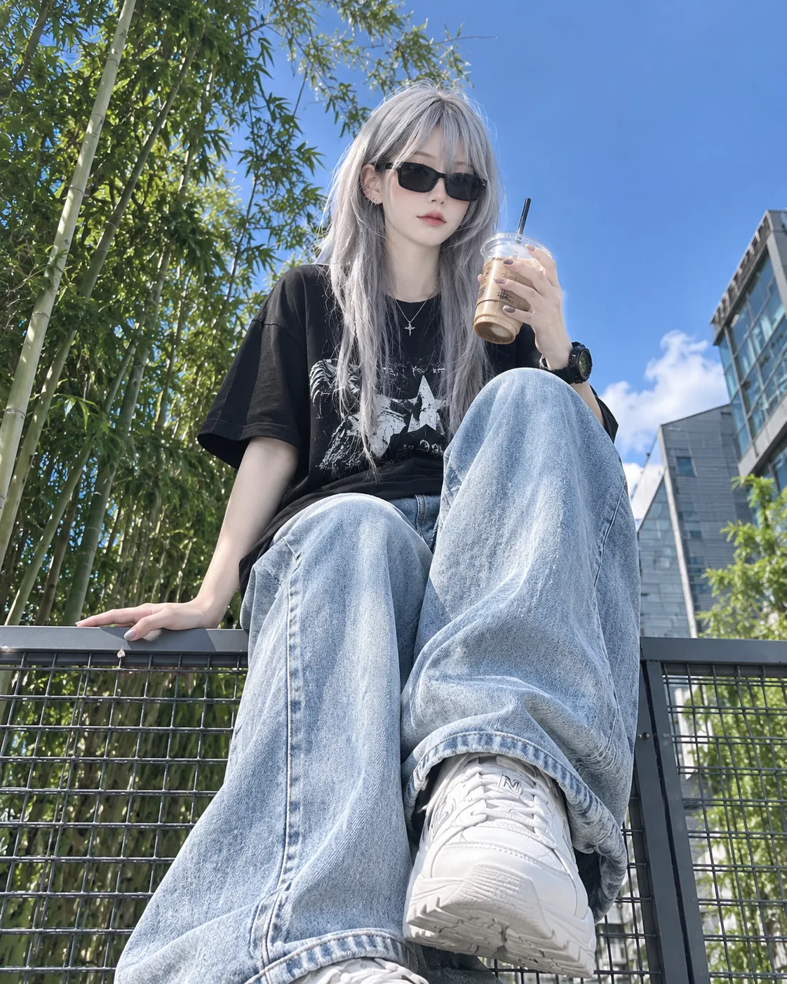 Create a stylish 4:5 street-fashion portrait of a young girl sitting on a steel wire fence under a bright blue sky.