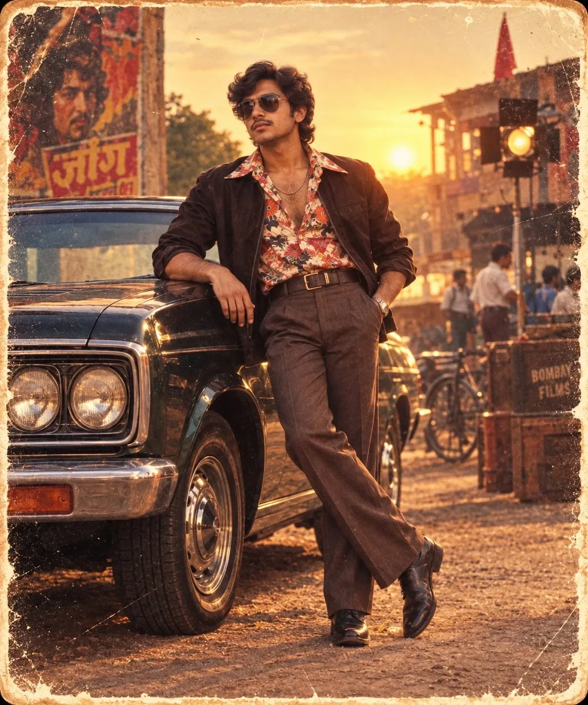 Create an ultra-realistic vertical full-body photograph that looks like a genuine Indian photograph captured and printed in the 1980s.