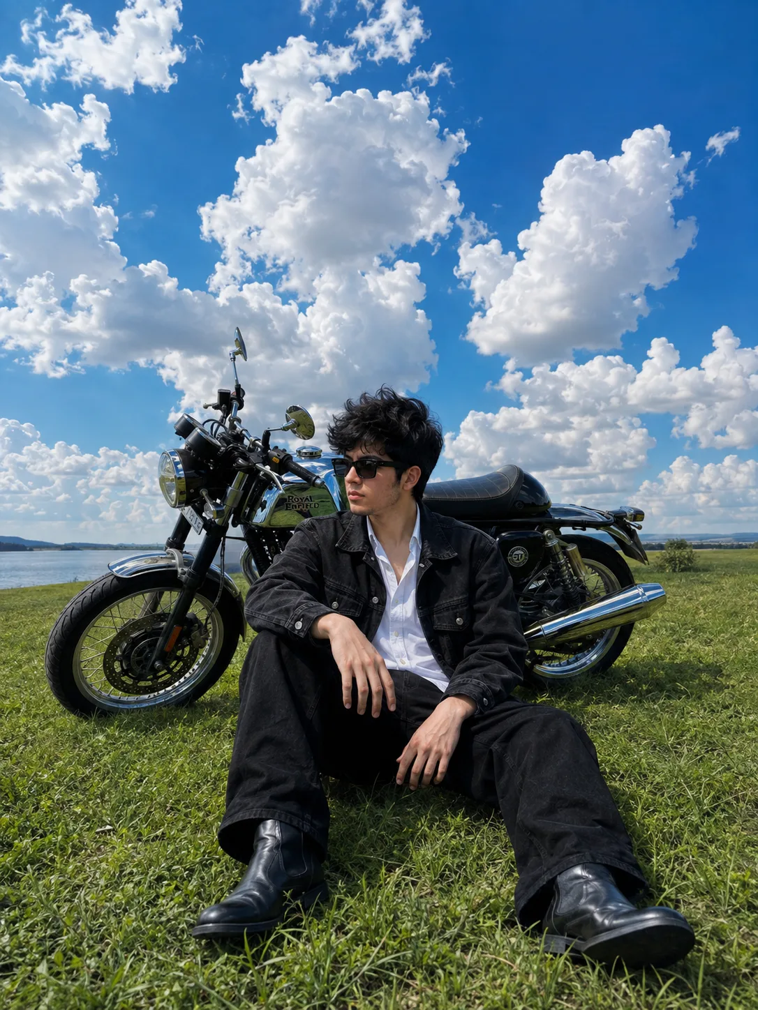 A highly realistic 8K HD high-resolution photo (3:4 aspect ratio) of a young man sitting casually on a green grassy field illuminated by