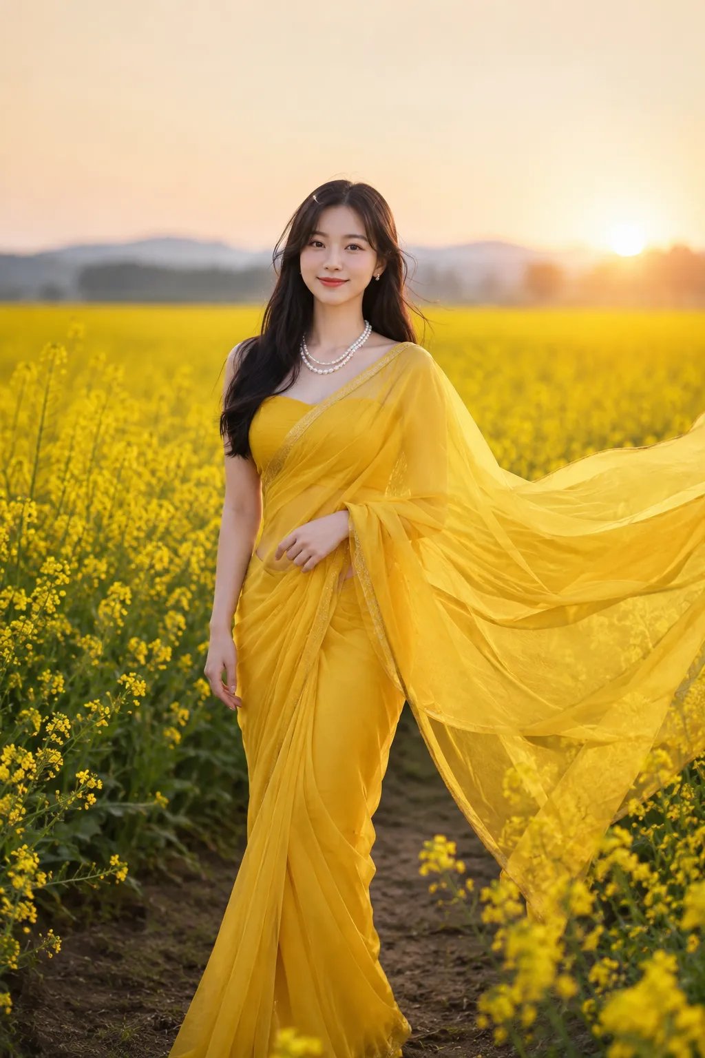 👇 Beautiful Korean girl wearing a vibrant yellow chiffon saree, flowing fabric in the wind, long silky hair, fresh natural makeup,