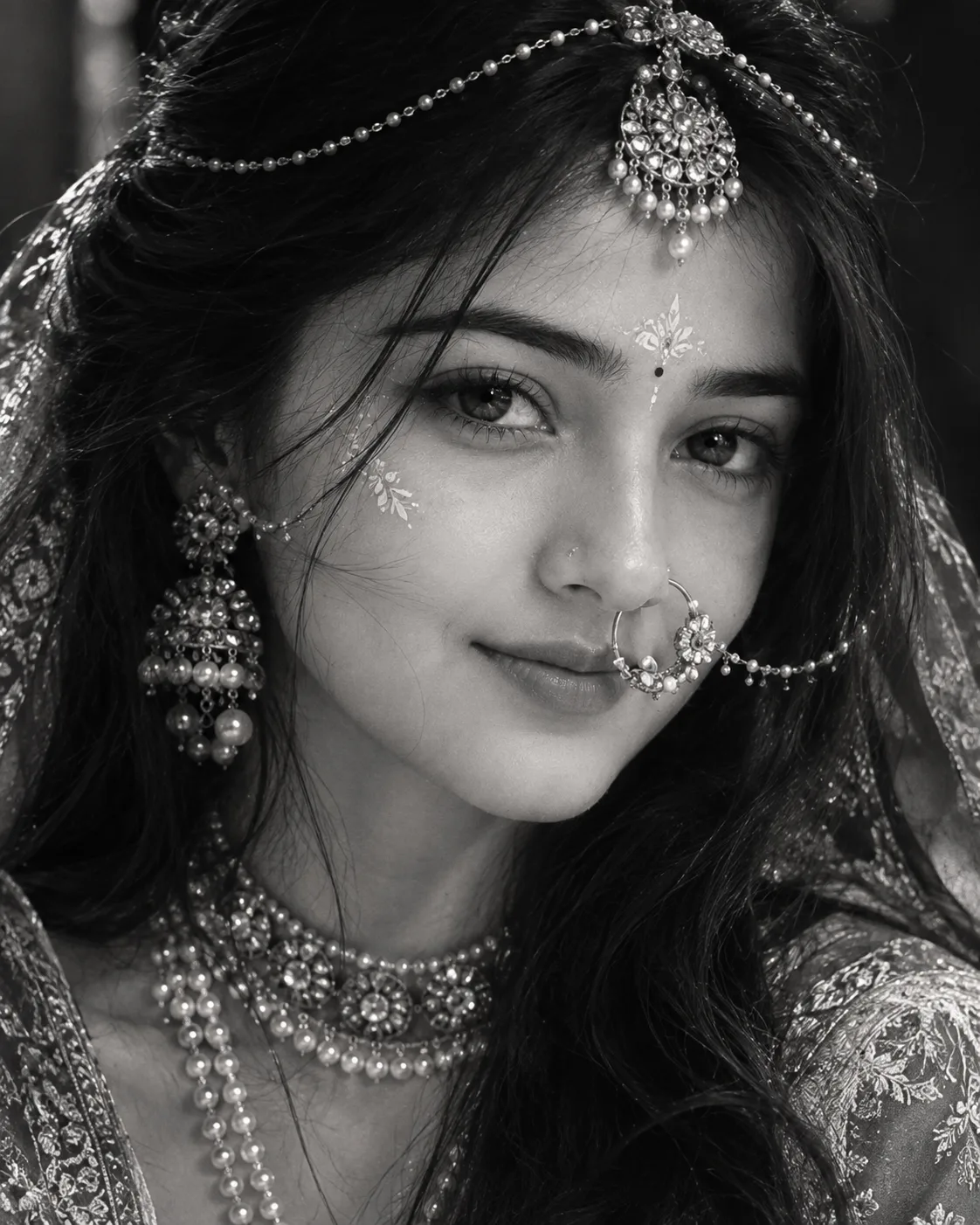 Create an ultra-realistic cinematic black-and-white bridal portrait using the uploaded reference face as the ONLY facial identity
