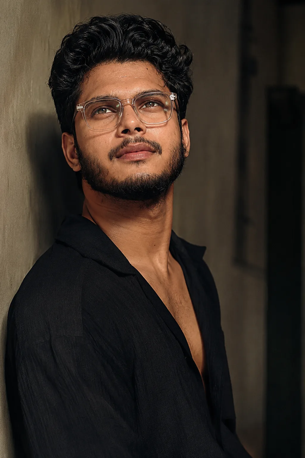 A handsome young Indian man with thick, voluminous curly black hair, light stubble and a short beard, wearing clear transparent rectangular