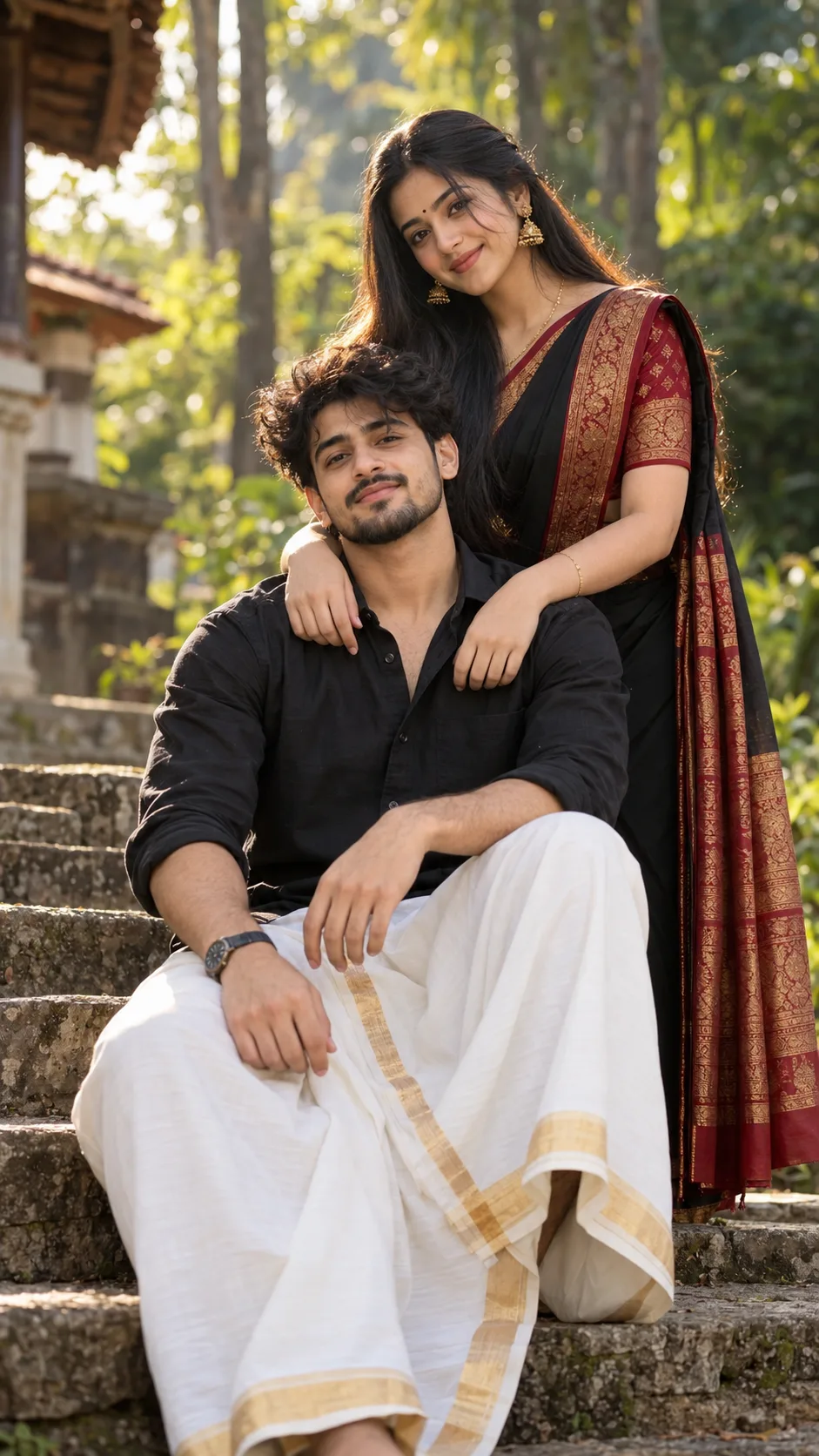 Create a photorealistic, cinematic South Indian couple portrait featuring a young couple posing together in a natural, intimate, and