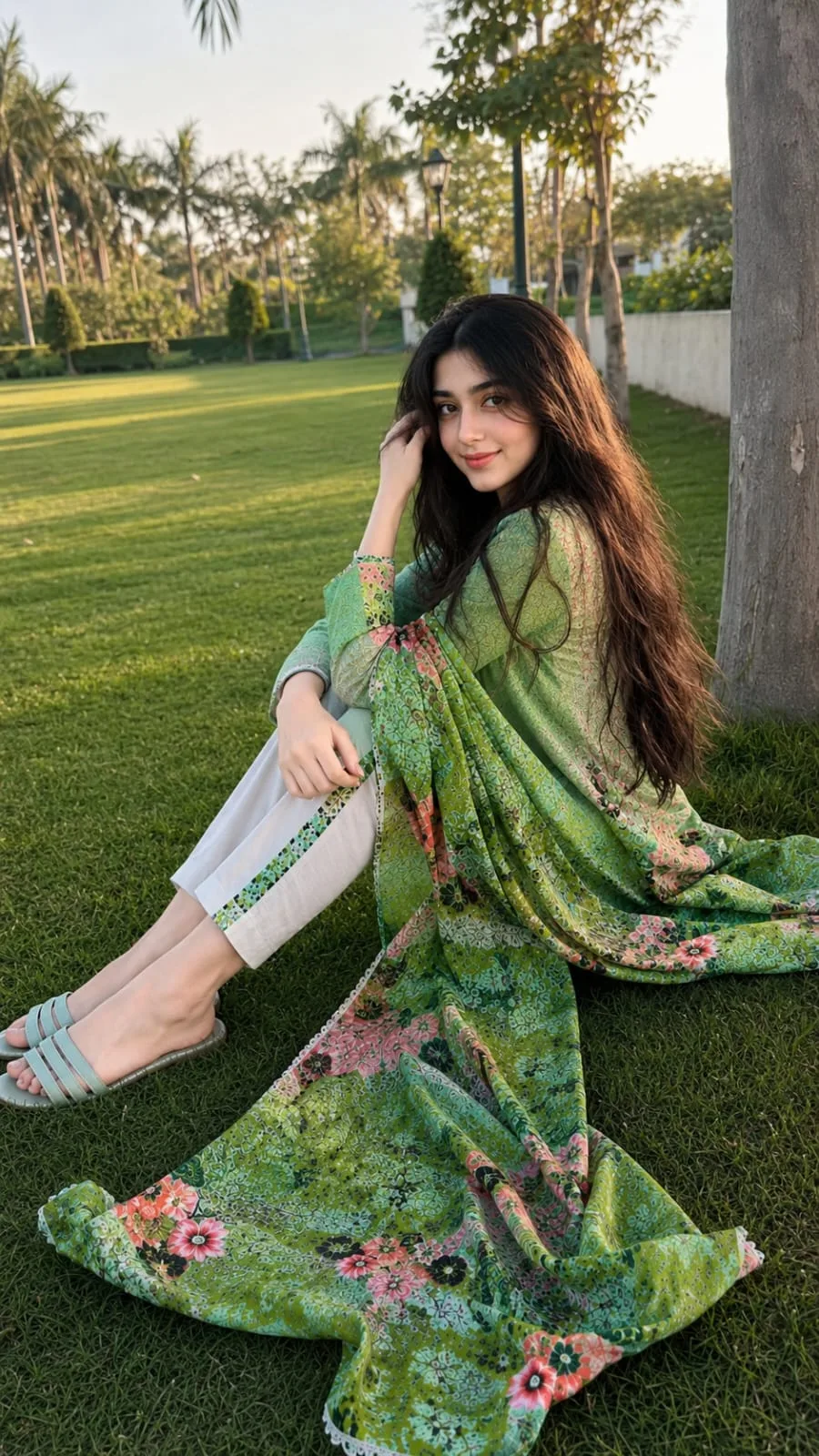Create an ultra-realistic, high-detail cinematic outdoor portrait photograph of a young South Asian woman sitting gracefully on lush green
