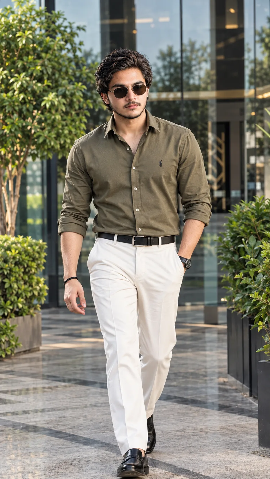 > Create an ultra-realistic 4K/8K cinematic full-body fashion portrait of a stylish young South Asian man confidently walking toward the