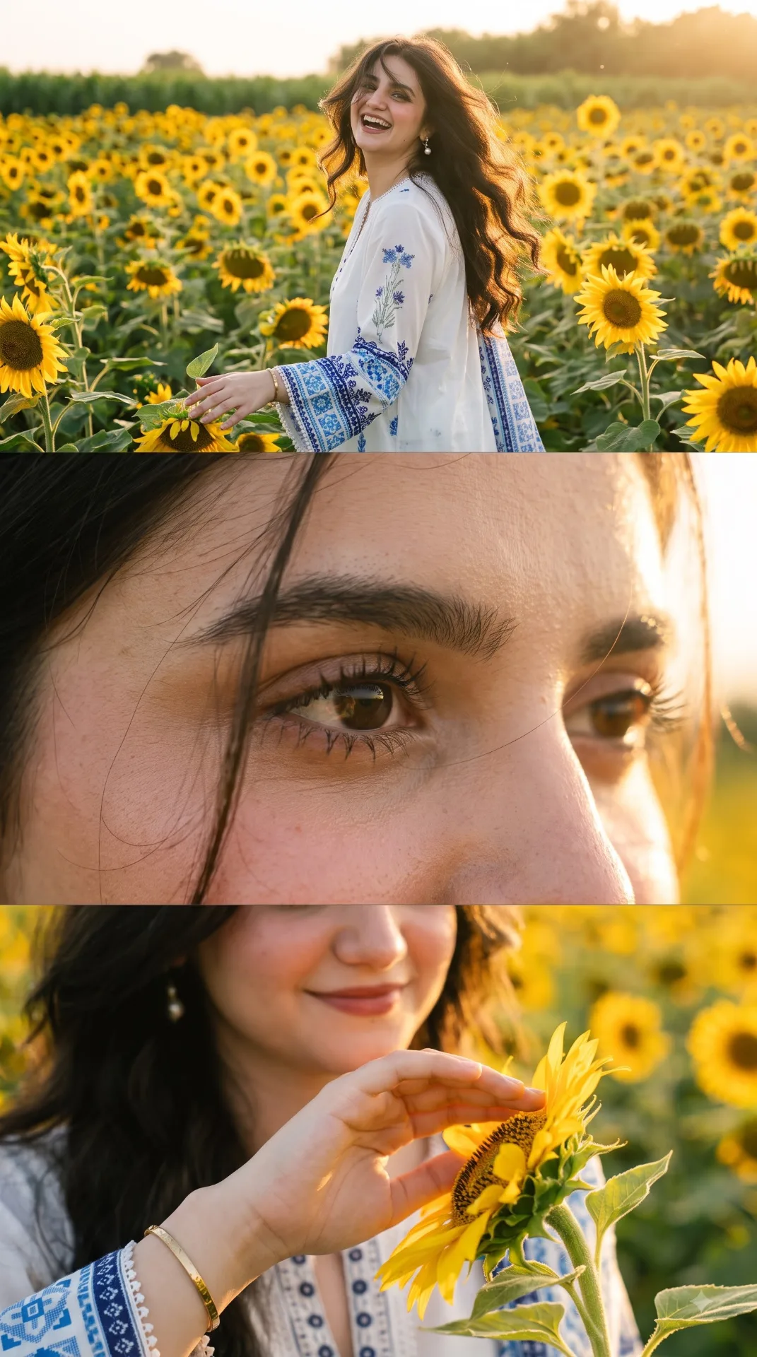 Edit this photo. The face across all three panels MUST be the exact same person as the uploaded reference photo. Match exactly: face shape,