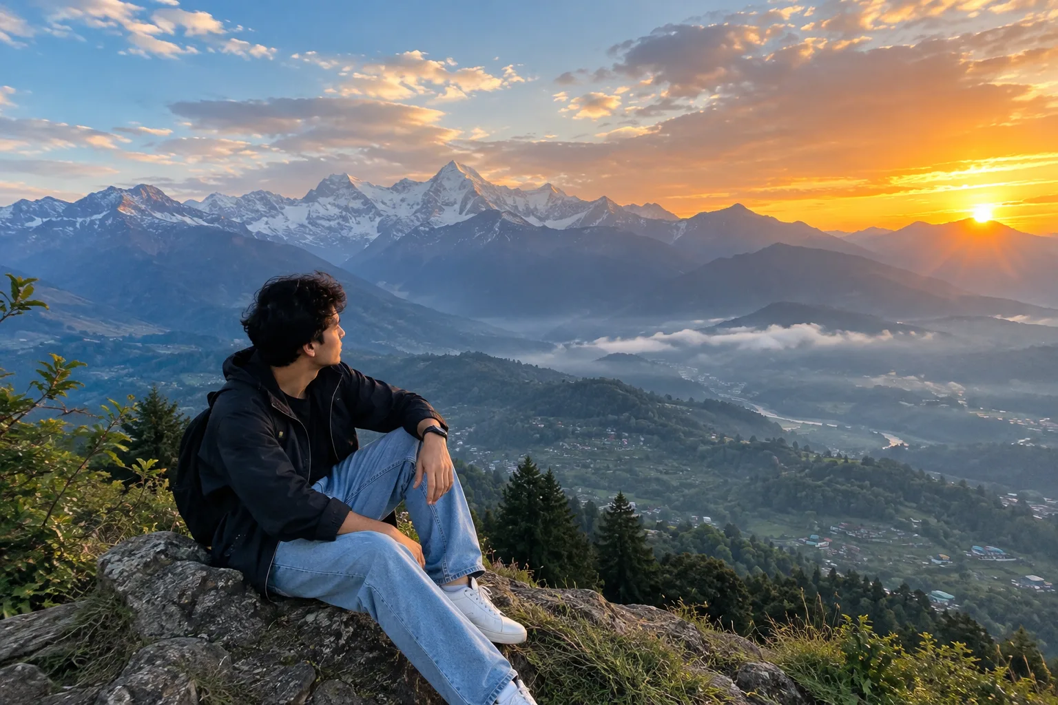 Photorealistic cinematic mountain landscape, majestic snow-capped mountains stretching across the horizon, lush green valley in the