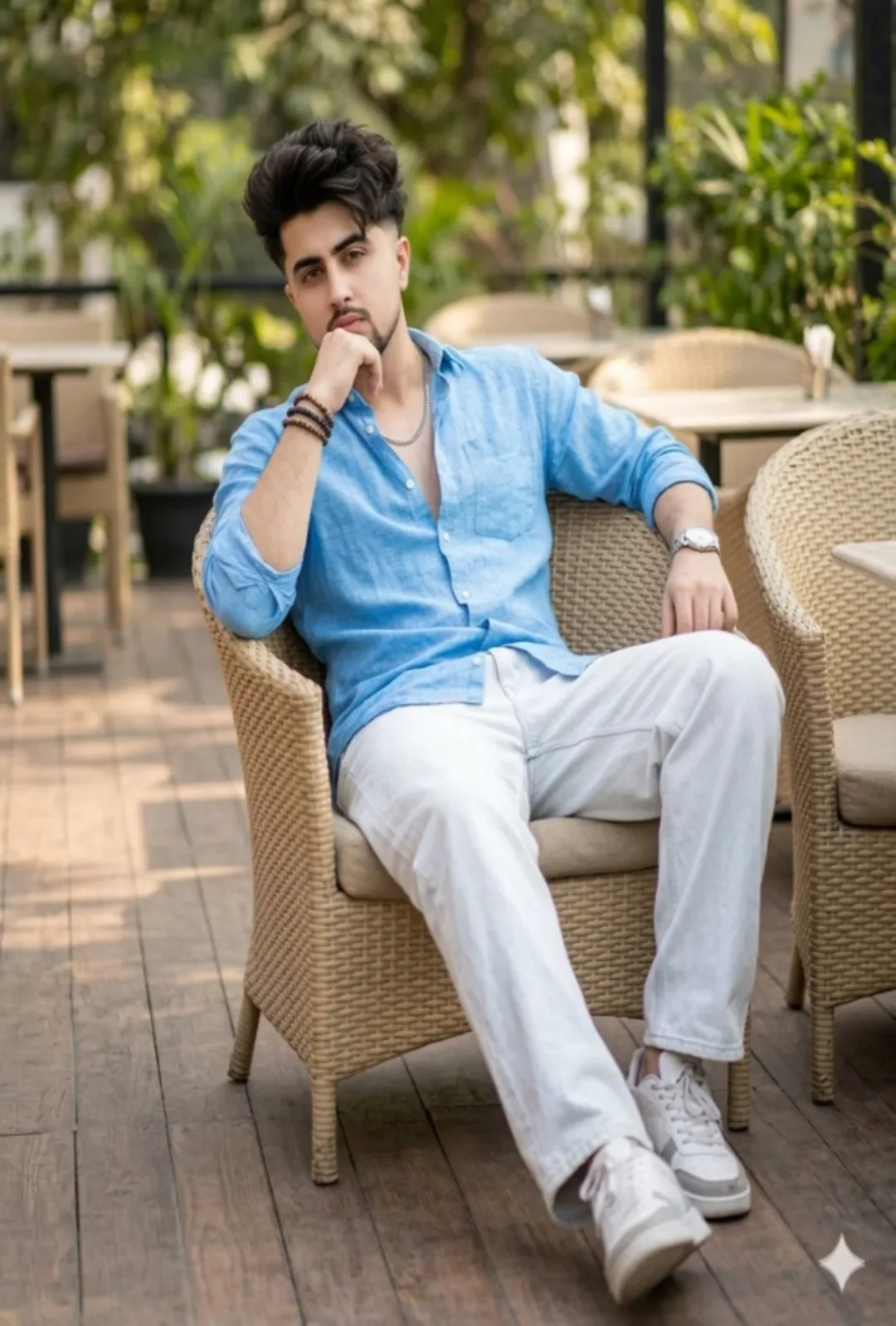 Create full-body shot of a stylish young man laying on a beige woven rattan armchair on an cafe outdoor wooden deck.