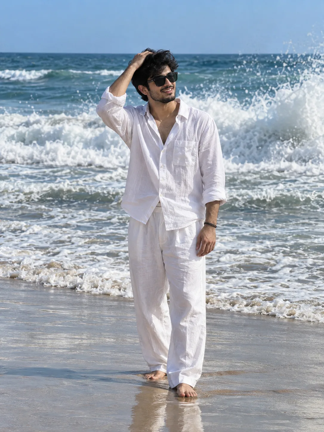 Photorealistic full-body portrait of a young South Asian man in his mid-20s with stylish black hair and a light beard and, wearing black