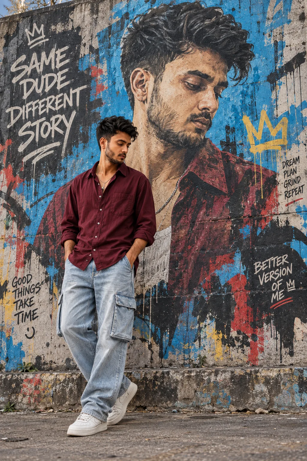 Prompt: Create a highly realistic cinematic street-fashion portrait of a young Indian man standing in front of a large colorful