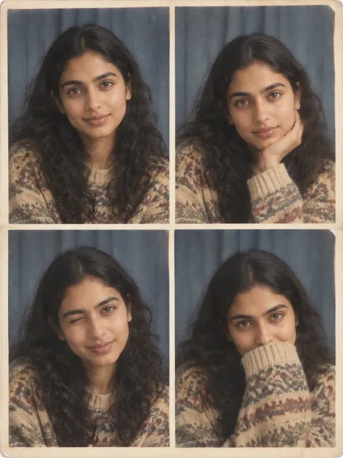 A 1990s homemade portrait contact sheet showing the same young woman in four slightly different poses.