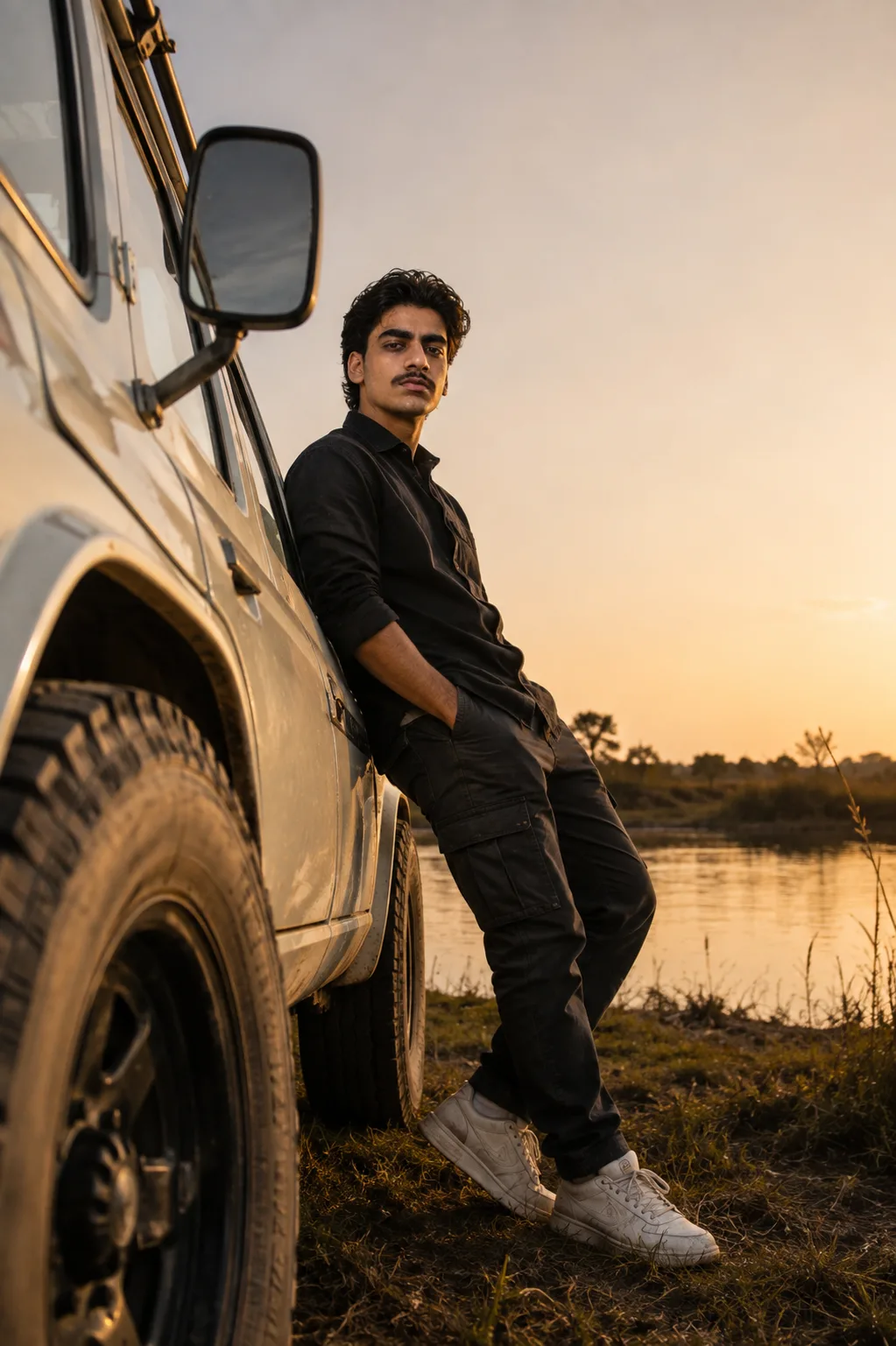 Create an ultra-realistic cinematic lifestyle photograph closely recreating the reference image in composition, subject placement, pose,