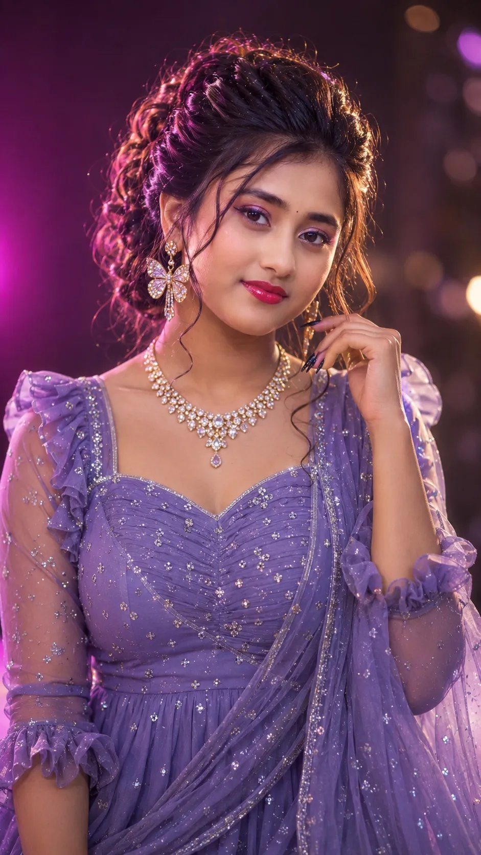 Prompt ⤵️💫 With original face , long wavy hair curly with ponytail stylish loose bun, glamorous make up with pink peach lips, stone gold