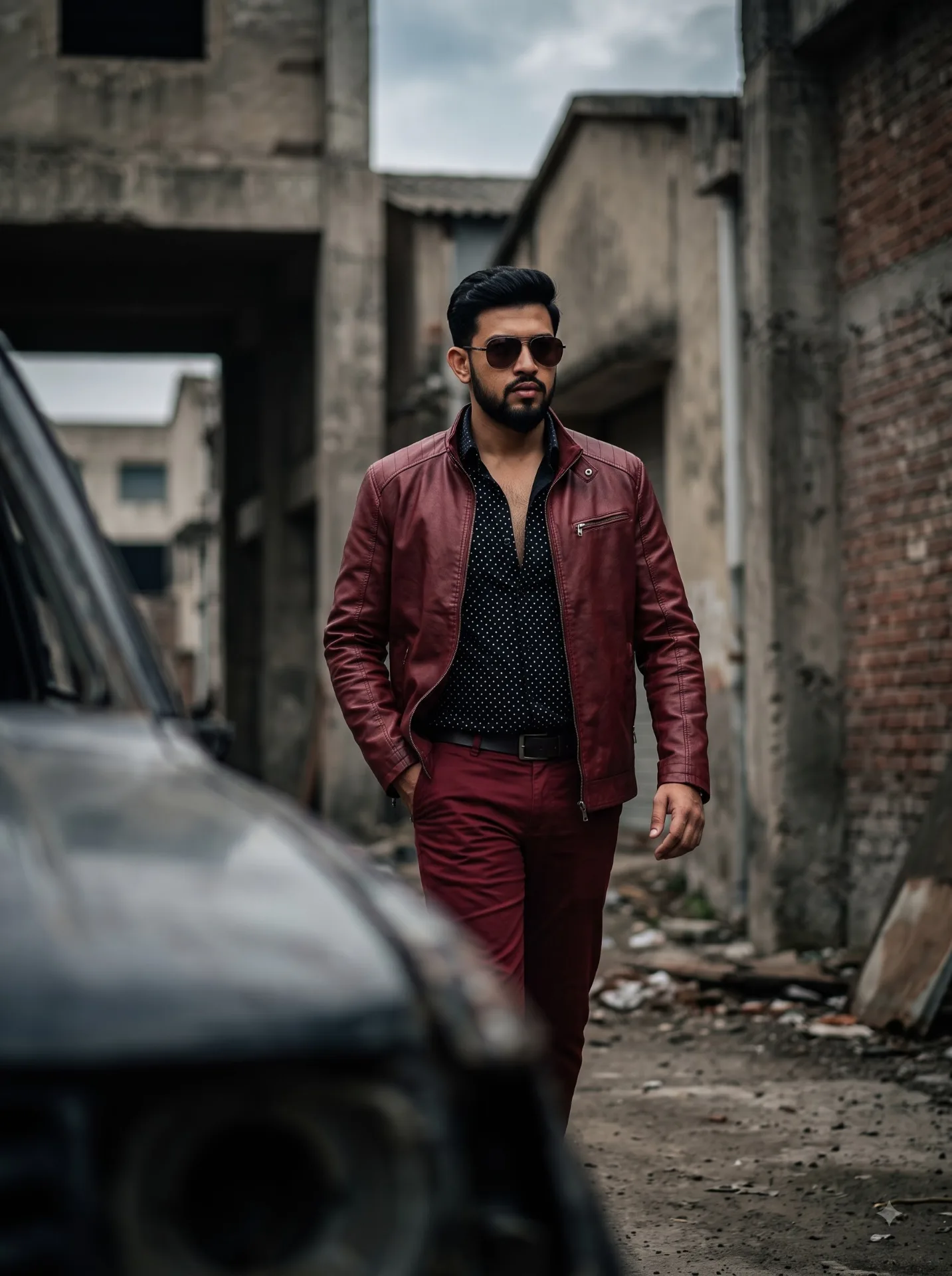 Create a photorealistic cinematic vertical 3:4 portrait of a stylish, rugged male subject walking confidently through a gritty, industrial