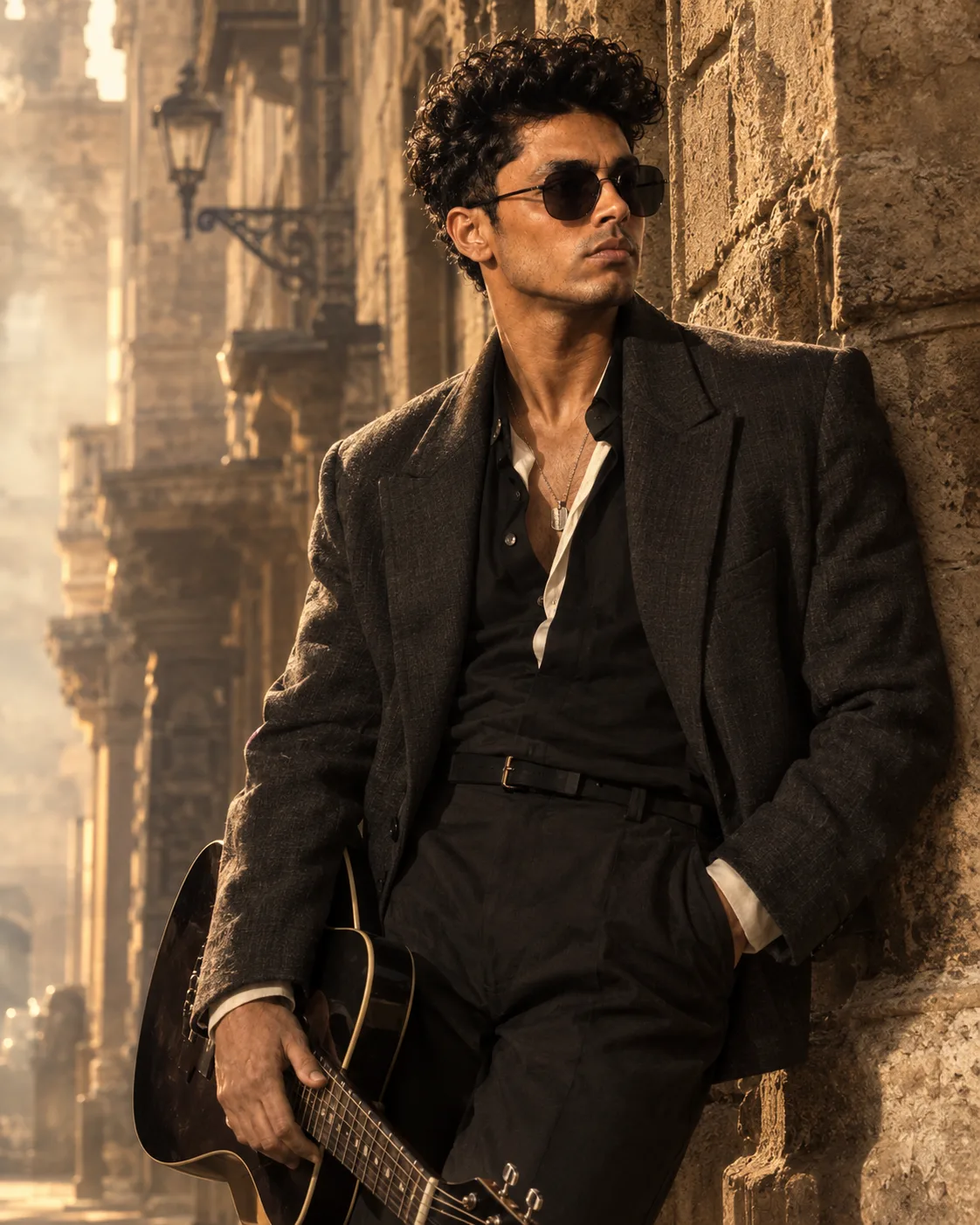 Create a hyper-realistic cinematic portrait of an intense, stylish man with a guitar in hand, inspired by luxury fashion editorial