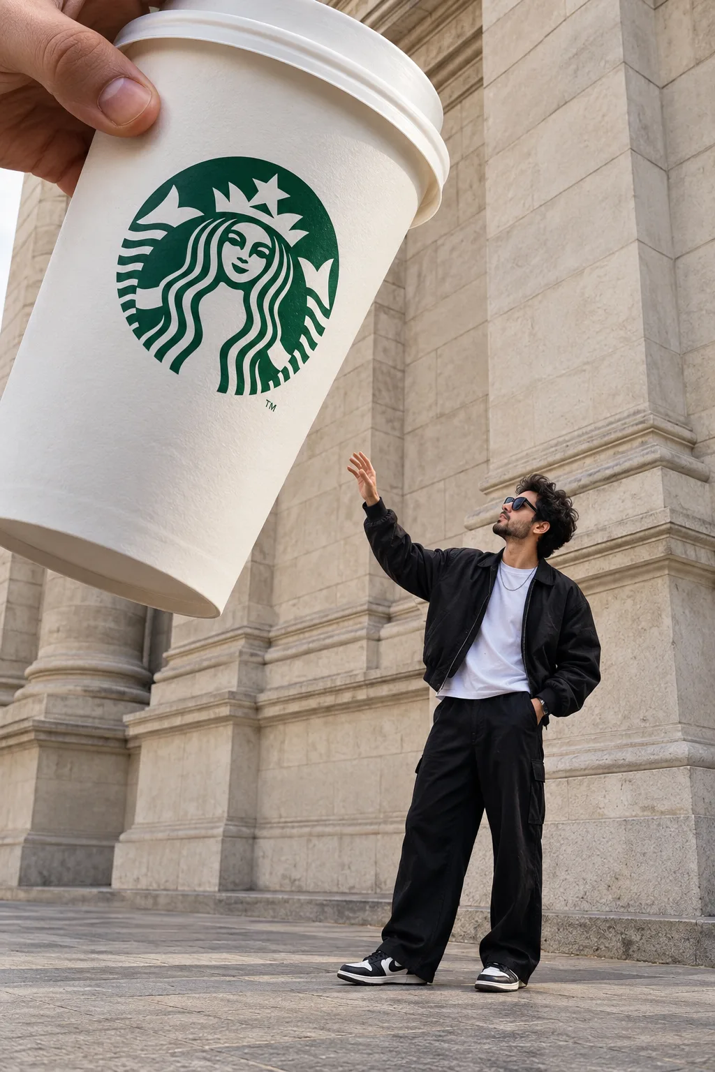 Surreal ultra-realistic street-fashion advertising photograph, full-body environmental portrait, a stylish man from the provided reference