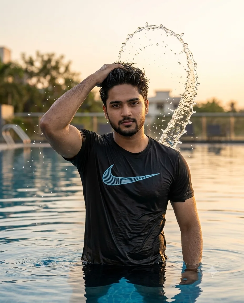 Create a highly realistic, ultra-detailed cinematic outdoor portrait photograph of a young Indian man standing waist-deep in a swimming
