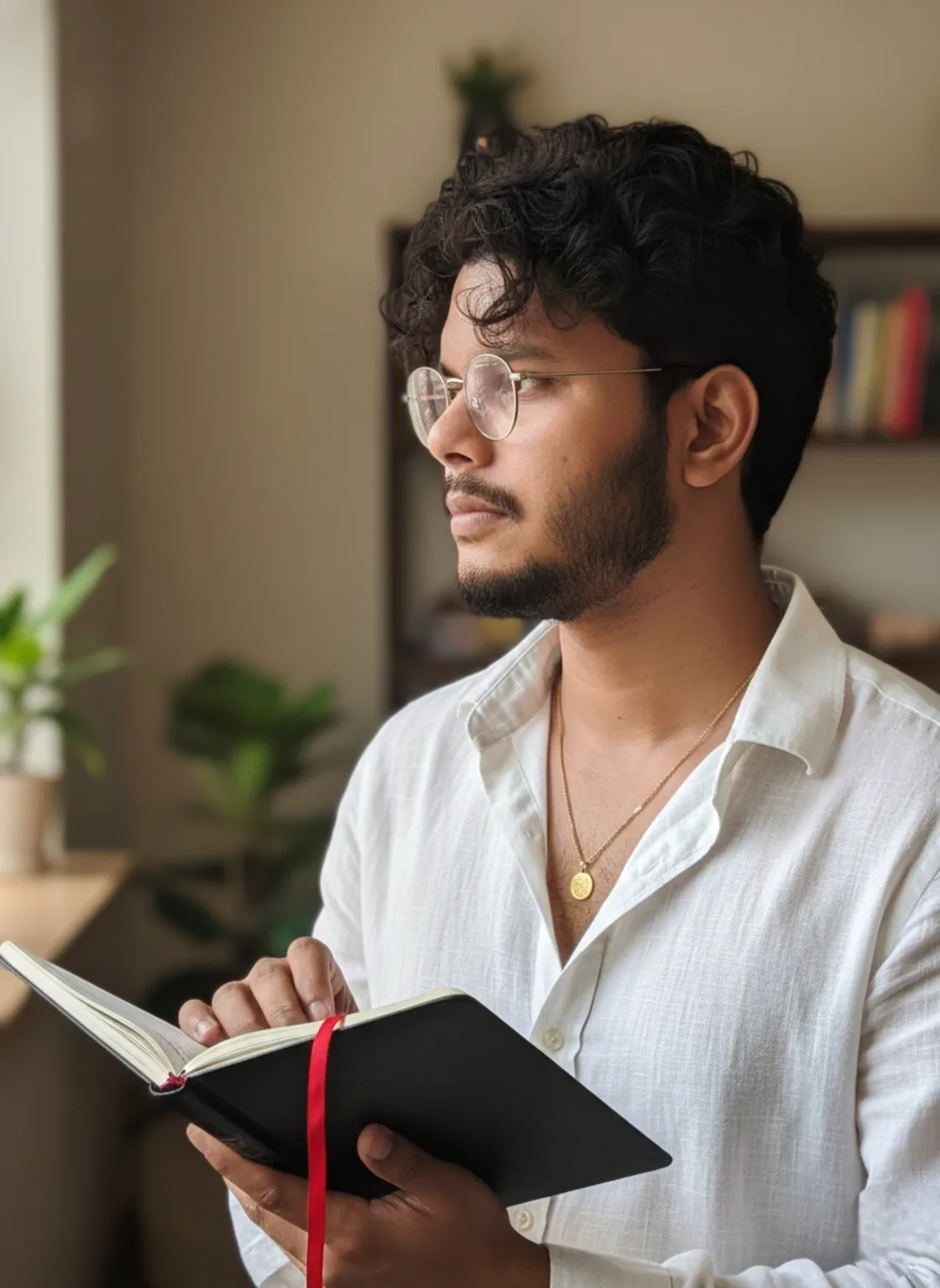 A realistic portrait of a young South Asian man in his mid-20s with medium-brown skin, curly black hair, a short well-groomed beard and