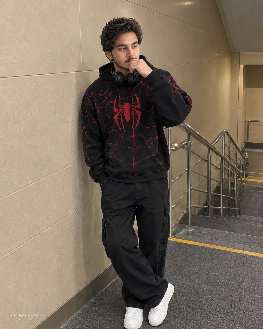 > Create an ultra-realistic 4K/8K cinematic streetwear portrait of a stylish young South Asian man standing casually on an indoor staircase