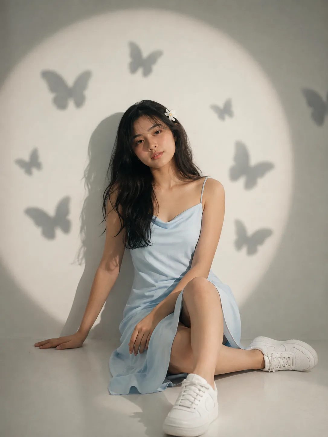 Edit this photo into a young Asian woman with long dark wavy hair, wearing a light pastel blue spaghetti strap slip dress and clean white