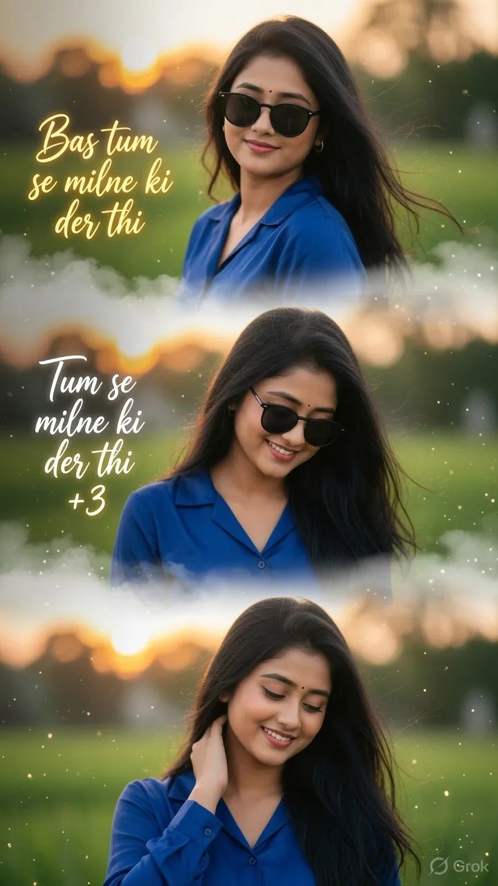 "A cinematic romantic three-frame vertical portrait collage of a beautiful young South Asian woman standing outdoors in a lush green field
