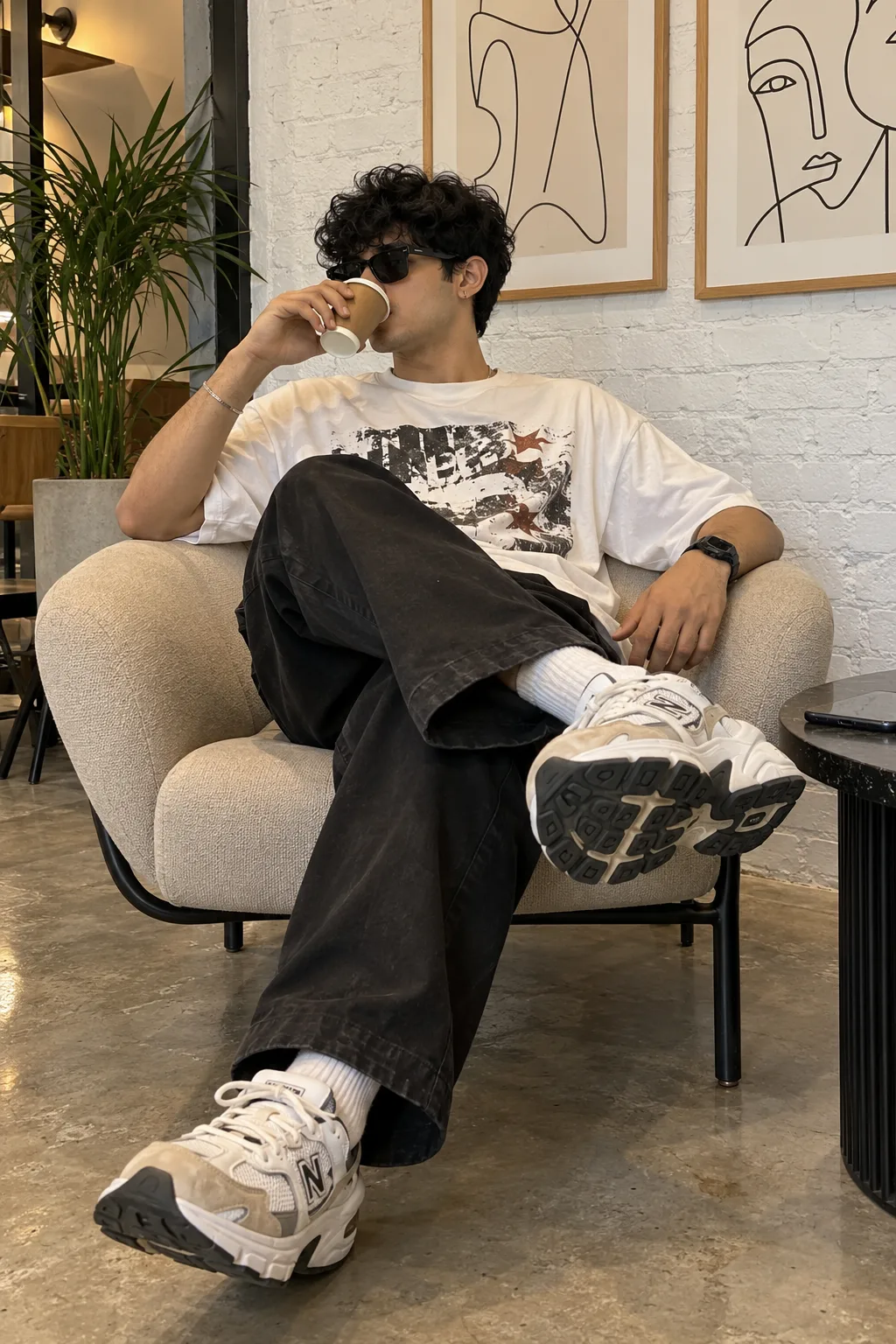 Vertical lifestyle fashion editorial photograph, relaxed indoor portrait of a young adult man with a slim build, seated comfortably in a