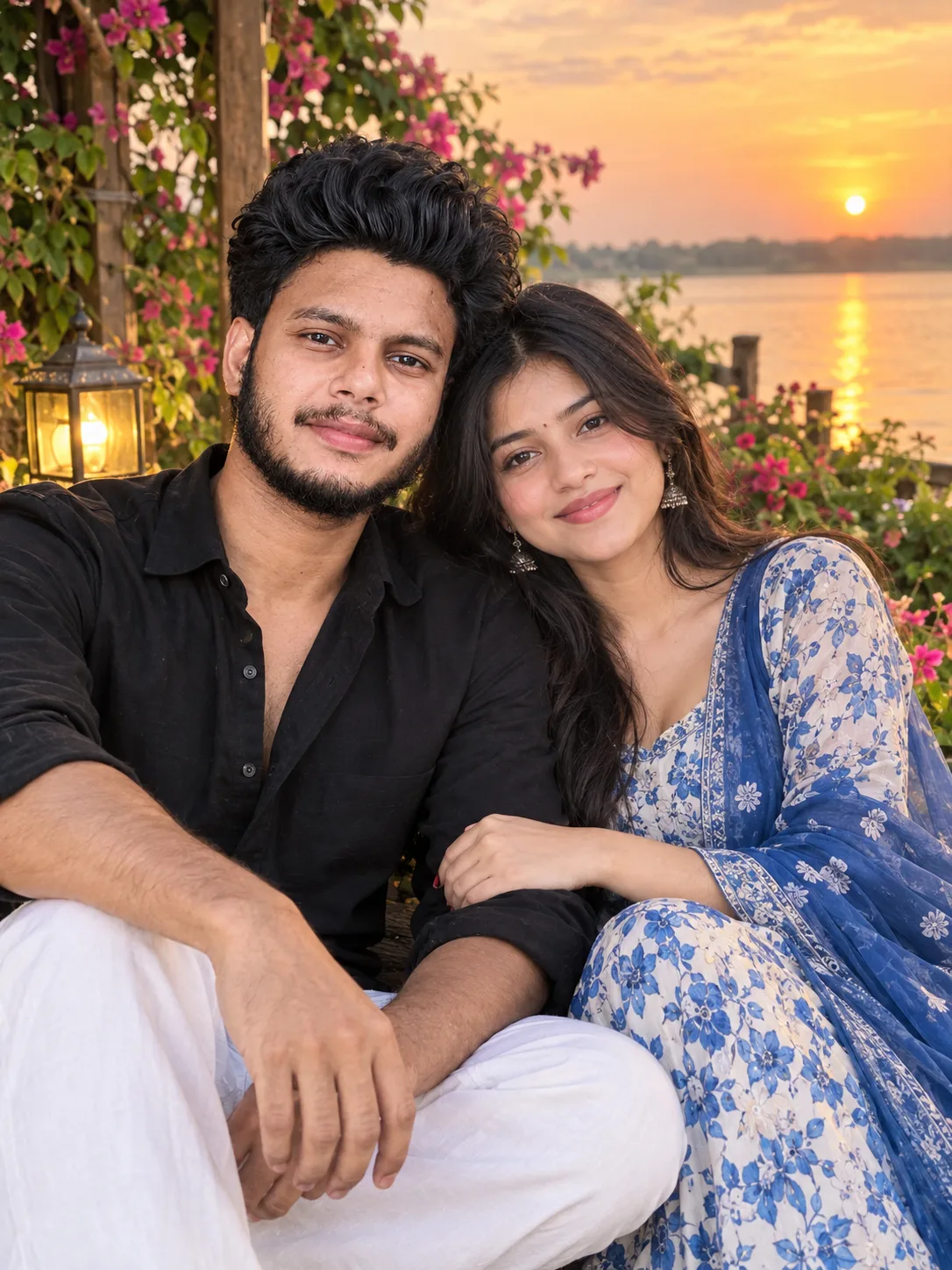 A beautiful young South Asian couple sitting together in a lush riverside garden during golden hour.