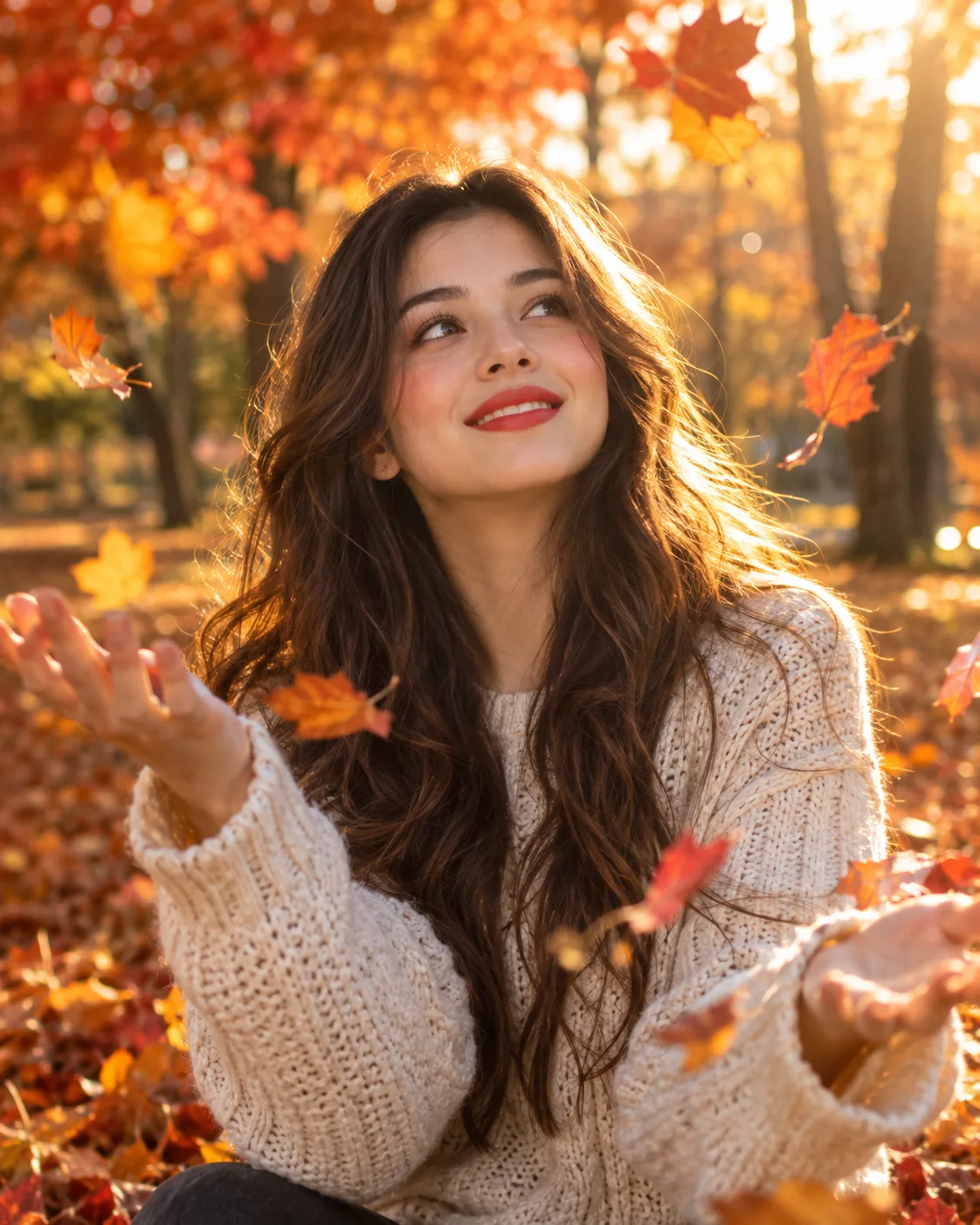 Suggested for you Follow A photorealistic autumn portrait of a beautiful young woman in a park, playing with falling leaves.