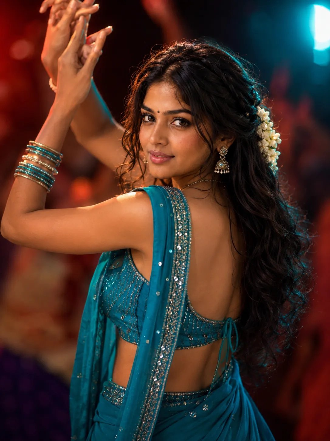 💙🩵💙🩵💙Ultra-realistic cinematic portrait of a graceful Indian woman captured mid-dance at a vibrant cultural celebration.