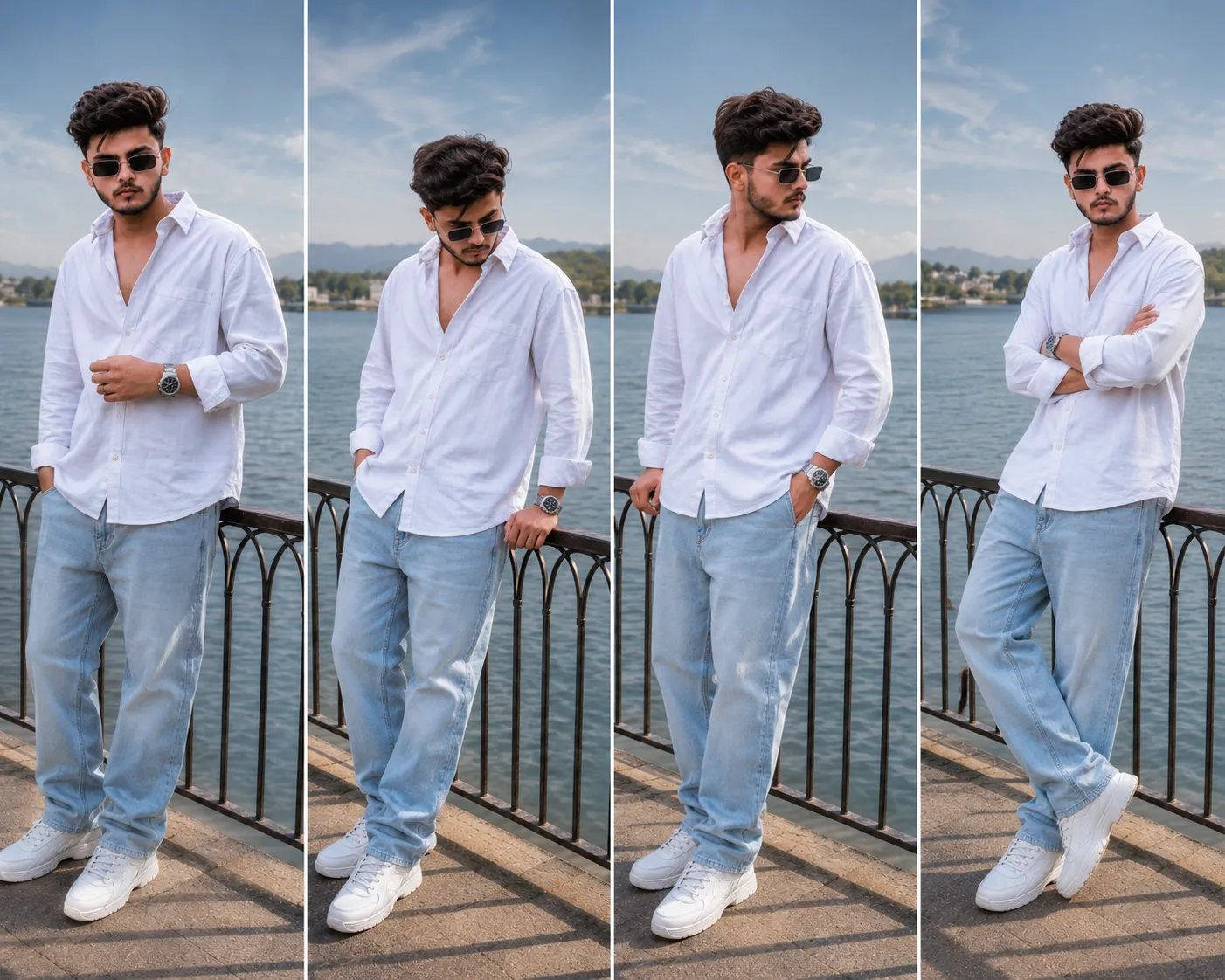 Follow me 💗 Full Body of A young 17 year boy standing by a lake railing during the day, wearing sunglasses, outfit white shirt and sky