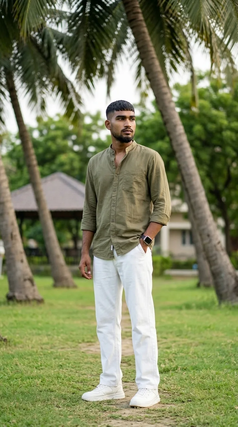 Detailed AI Image Prompt Vertical 9:16 full-length outdoor portrait of a young man posing casually on an open grassy lawn with tropical