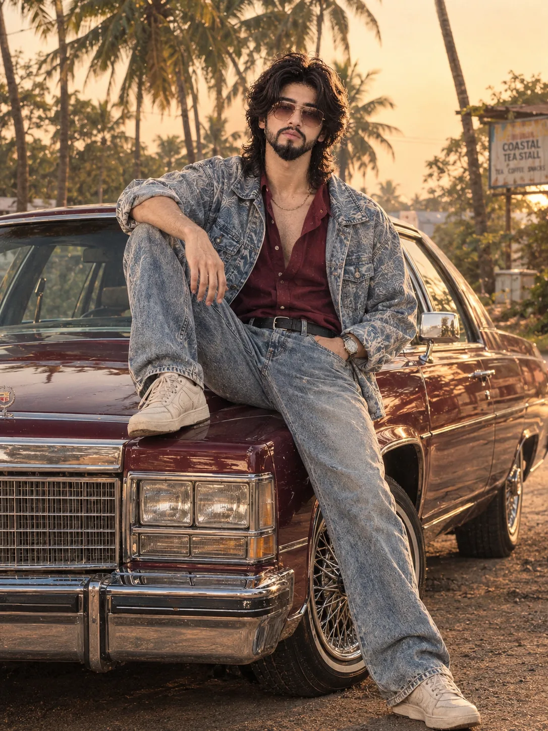 A person with wavy, shoulder-length dark hair and a beard, wearing large, brown-tinted aviator sunglasses, a thin gold chain necklace, an