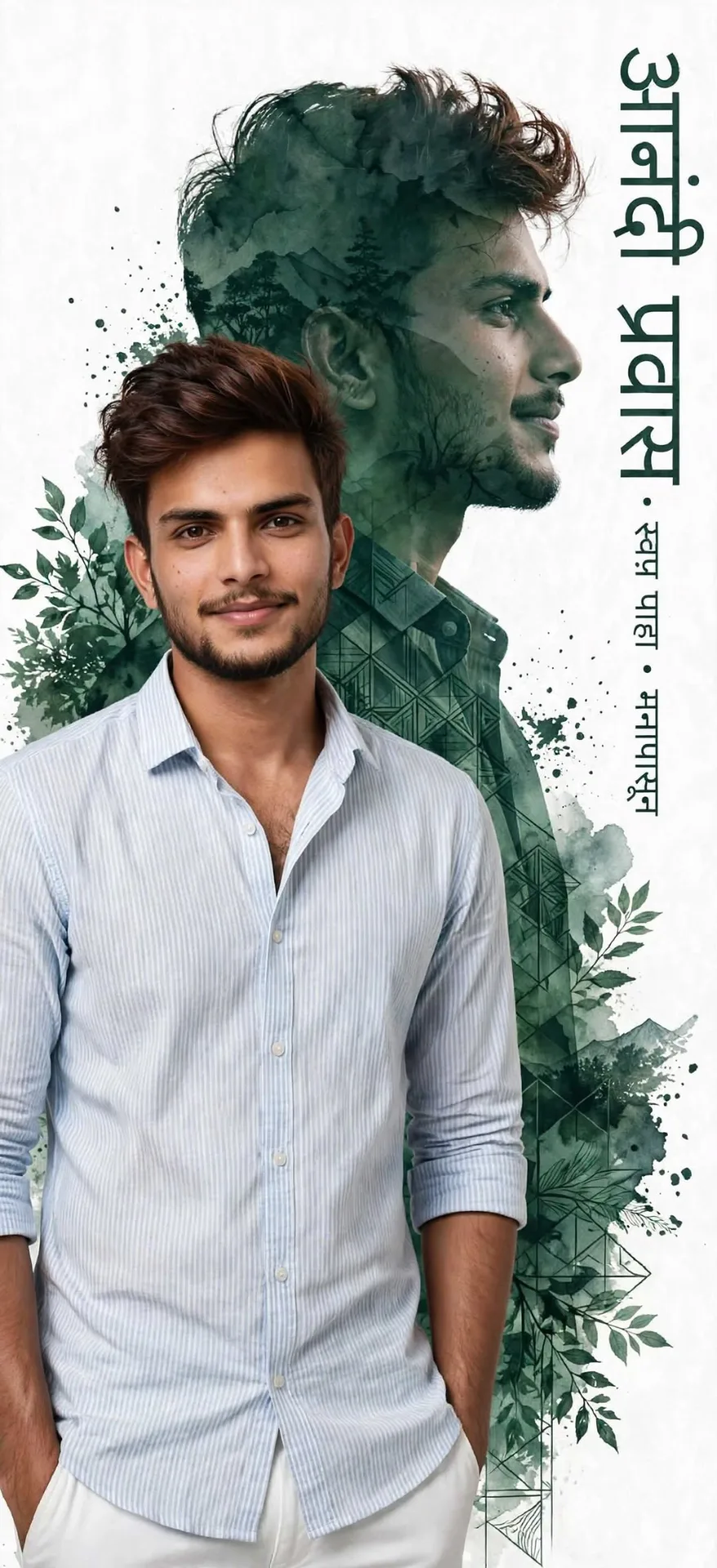 Double exposure portrait of a handsome young Indian man with light stubble and brown hair, wearing a light blue and white striped shirt and