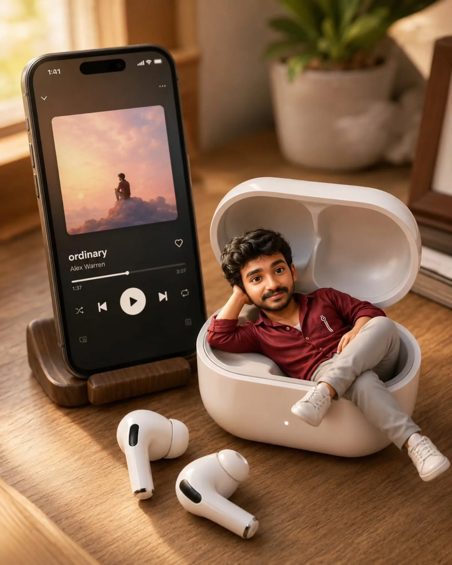 A creative macro photograph of a smartphone resting on a wooden stand next to an open white wireless earbud charging case.