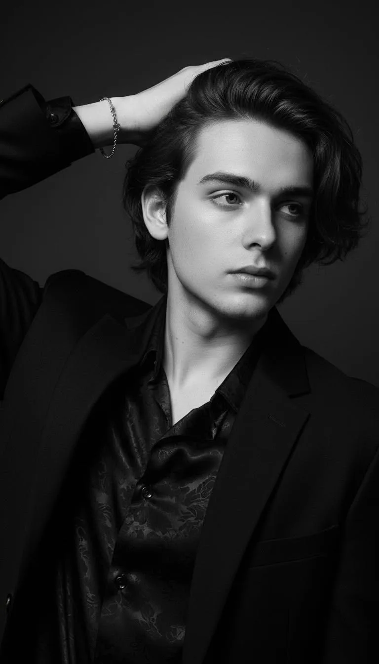"A dramatic black and white (monochrome) 4k cinematic portrait of a handsome 21-year-old young man with sharp facial features and